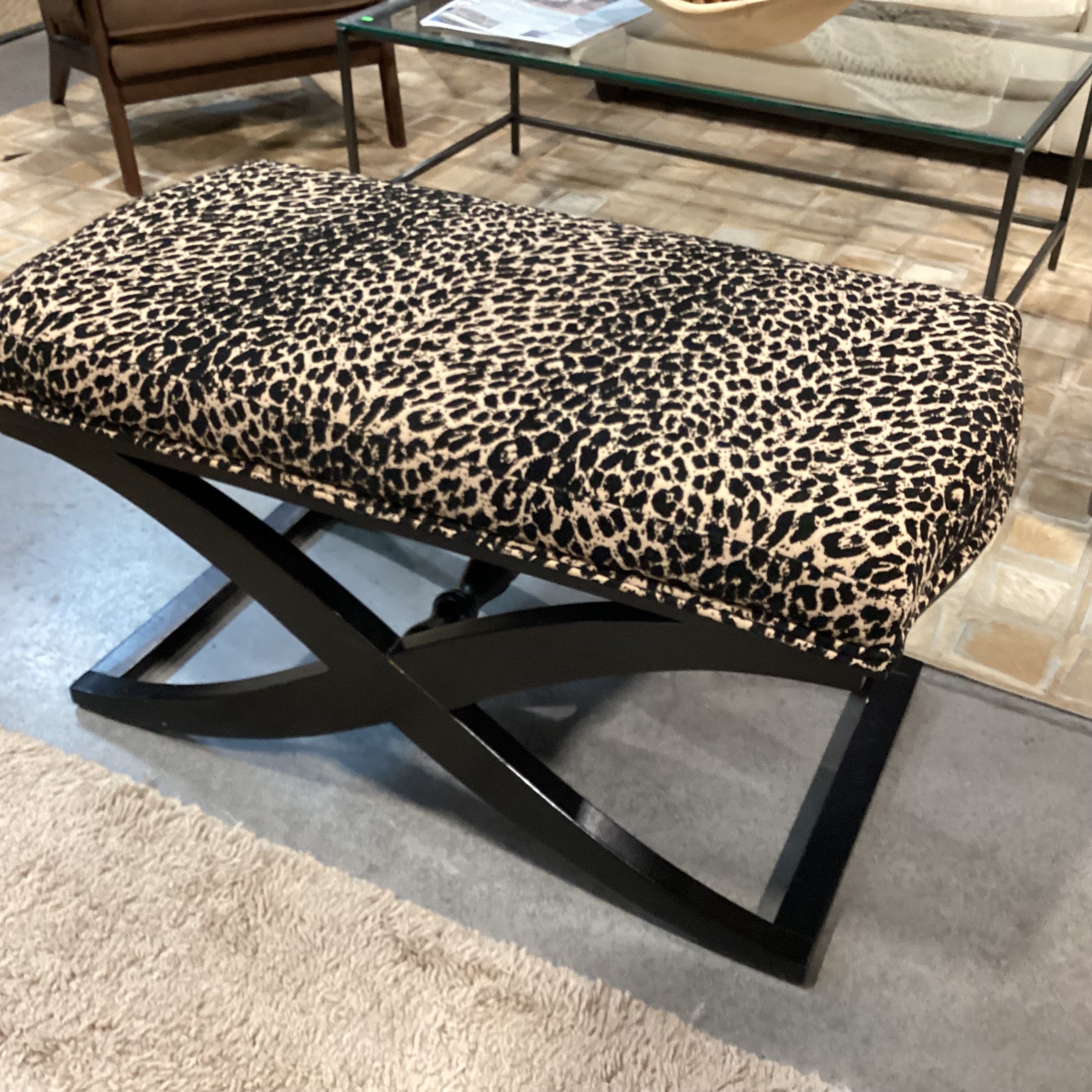 Animal Print with Black Wood X Base Bench 40"x 20"x 21"