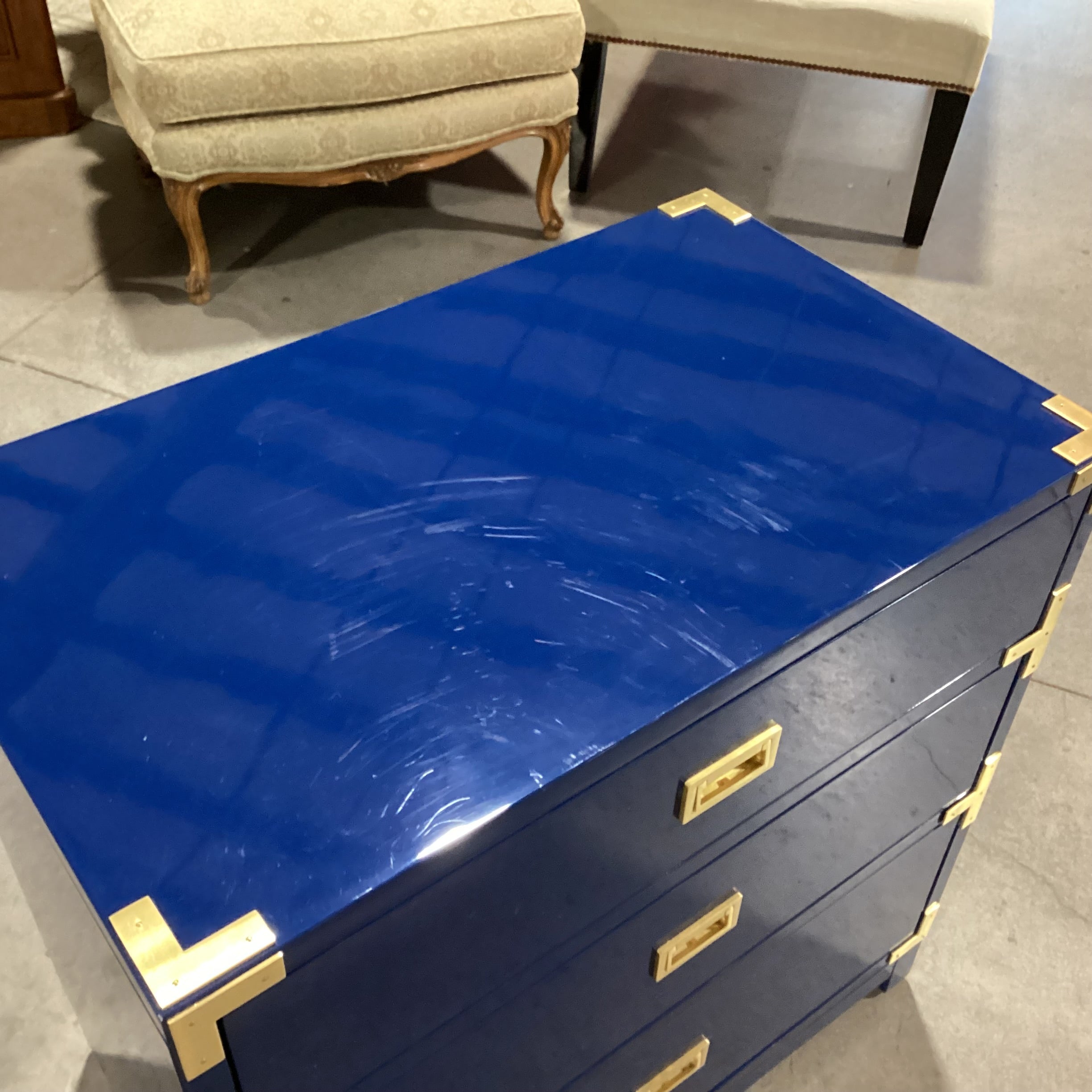 Navy Lacquer & Brass Campaign 3 Drawer Chest 30"x 18.5"x 30.5"