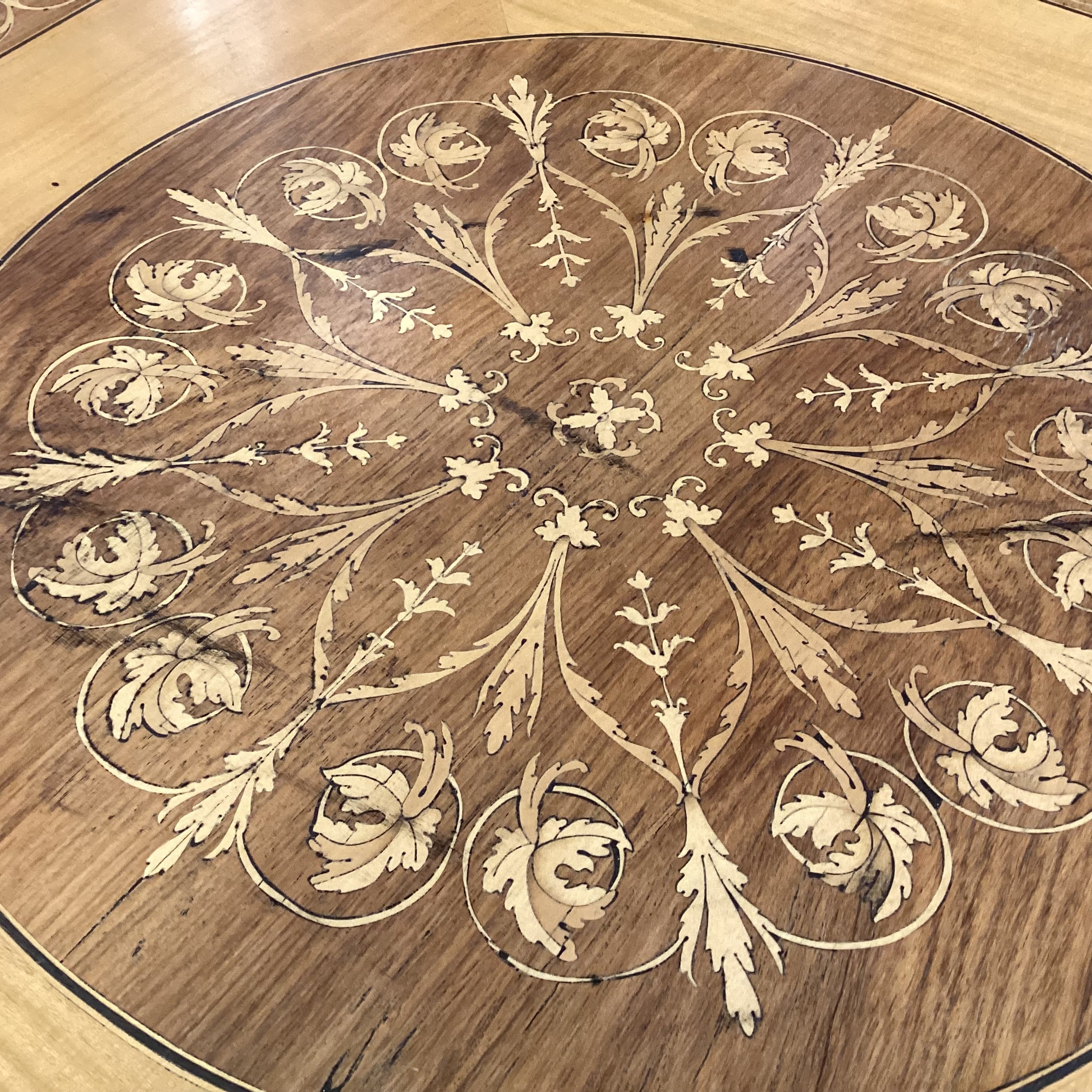 Vintage Ornate Inlay Veneer Accent Table 32"x 32"x 30"