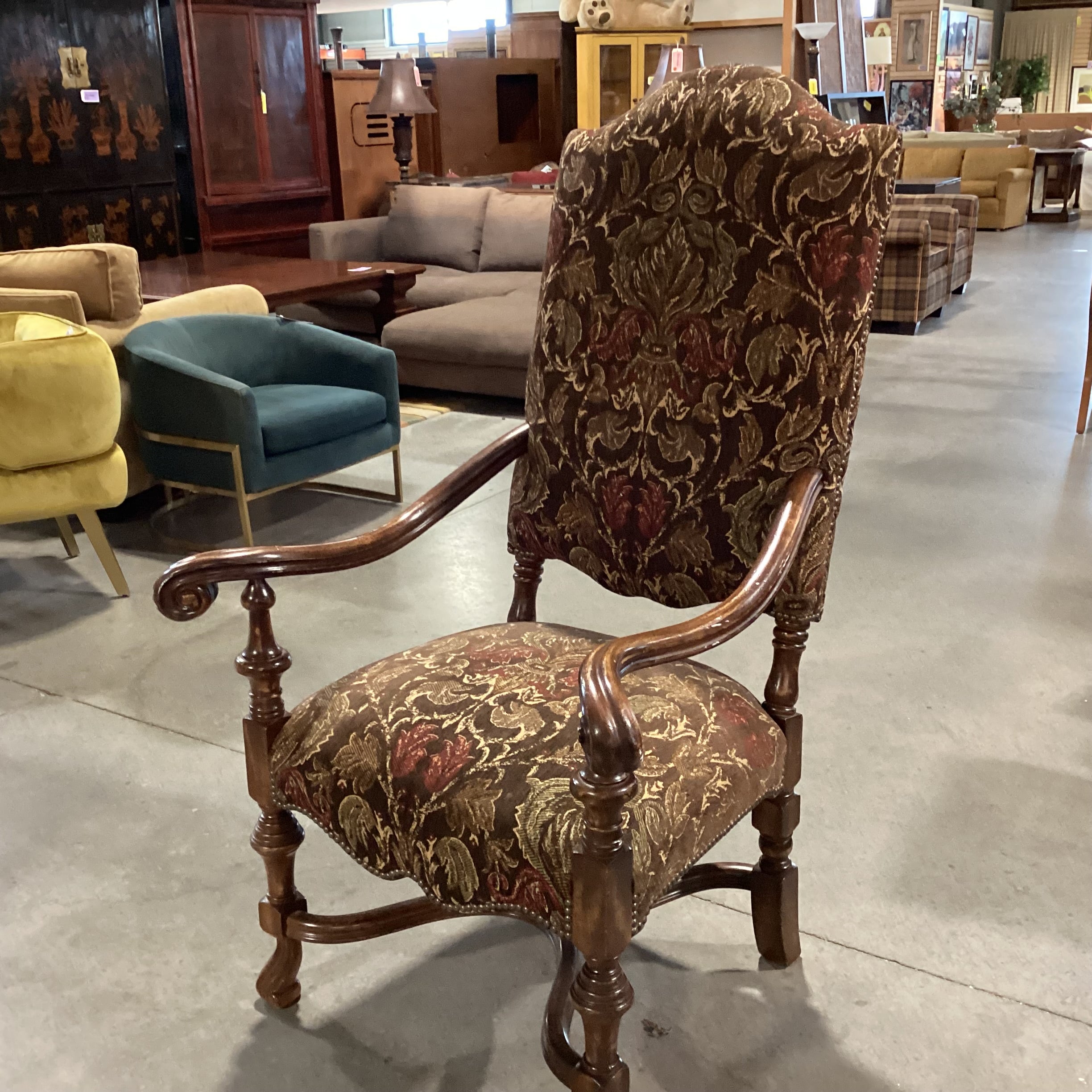 Wesley Hall Ornate Carved Wood & Brown Gold Floral Chair 33"x 33"x 53"
