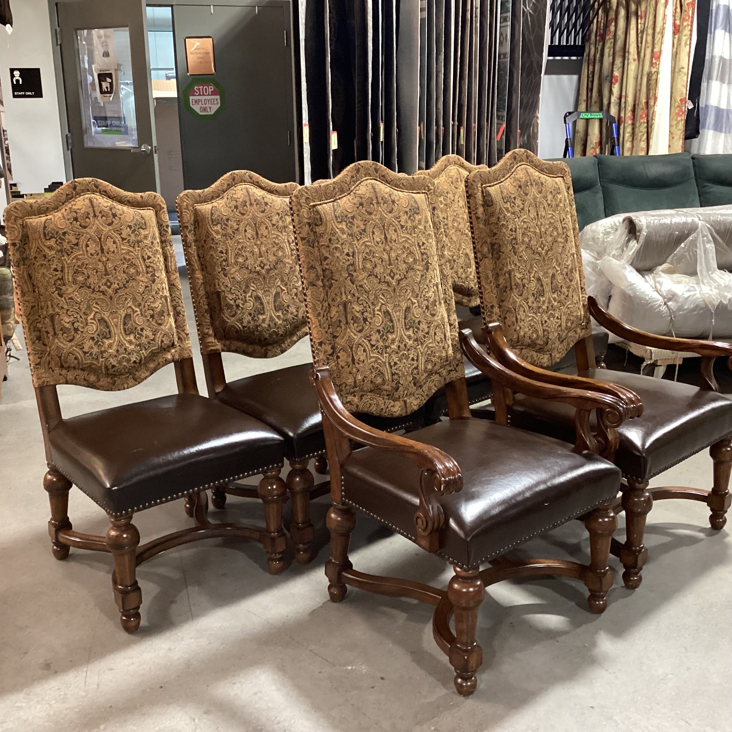 SET of 6 Bernhardt Carved Wood Brown Gold Paisley & Leather Nailhead Dining Chairs 29"x 25"x 49"