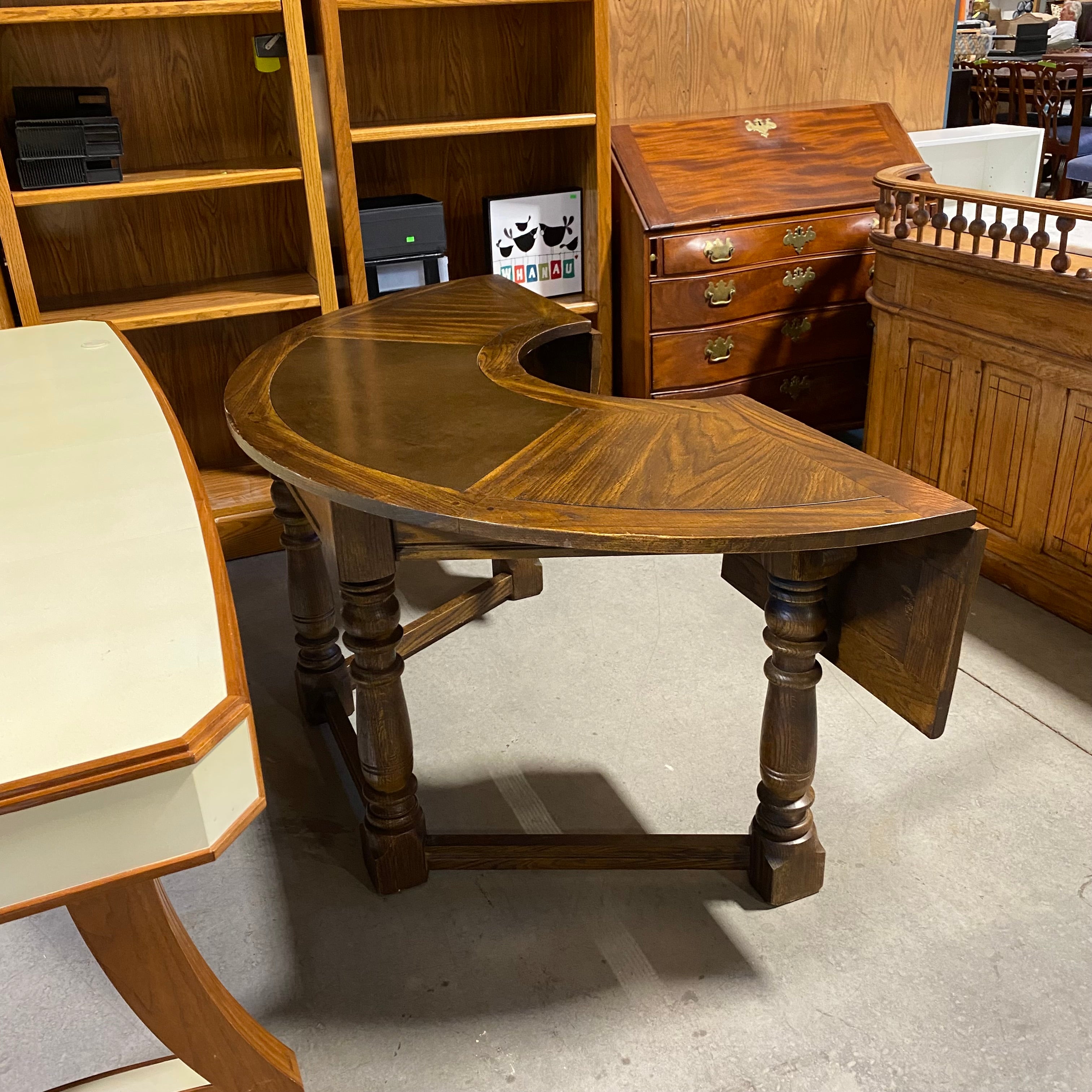 Dark Finish Solid Wood Inlaid Top 1 Drawer U-Shaped Extendable Desk 65.5"x 32" Extends to 44"x 30"to 44"