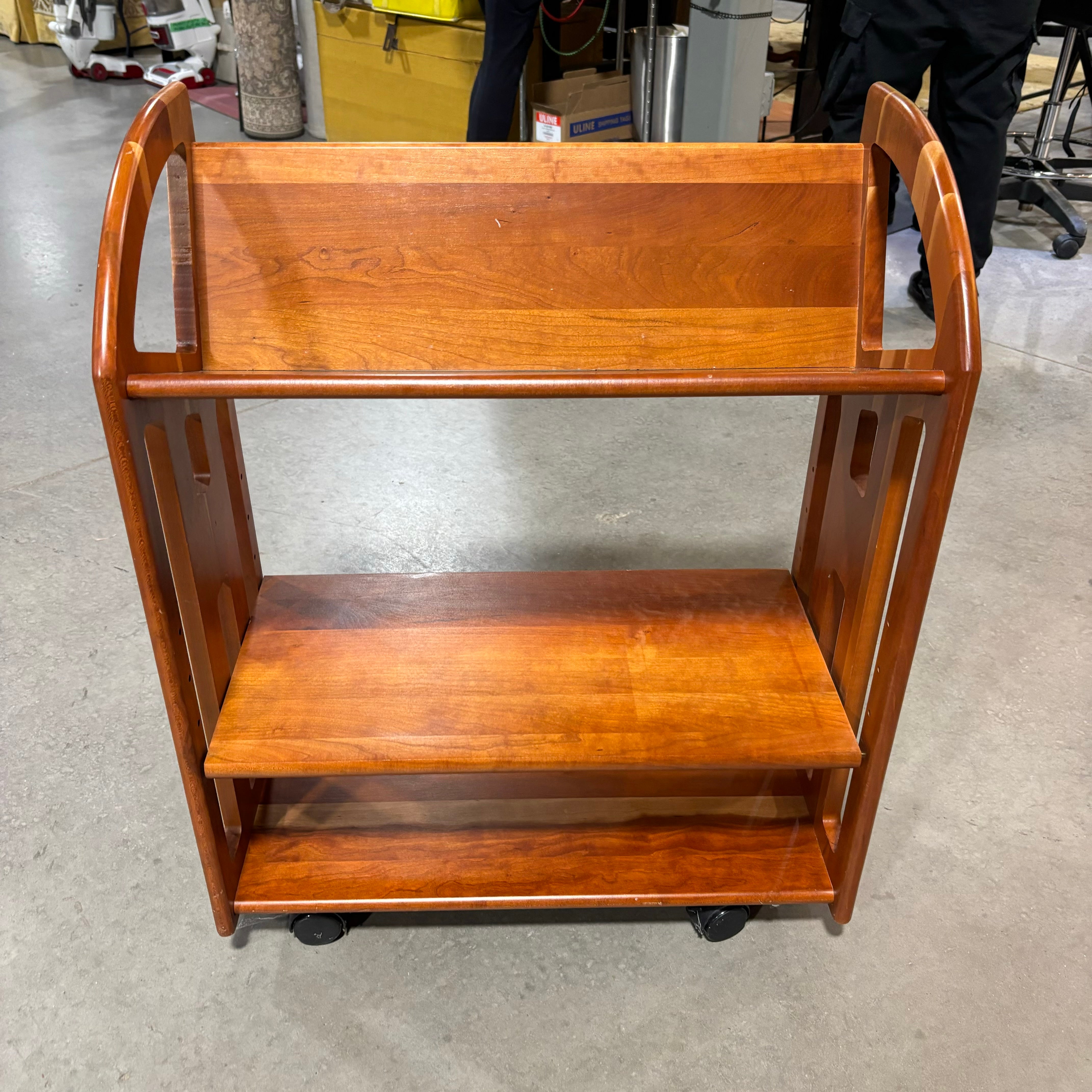 Levenger Three Tiered Oak Veneer on Casters Library Cart Shelves 25"x 13"x 31"