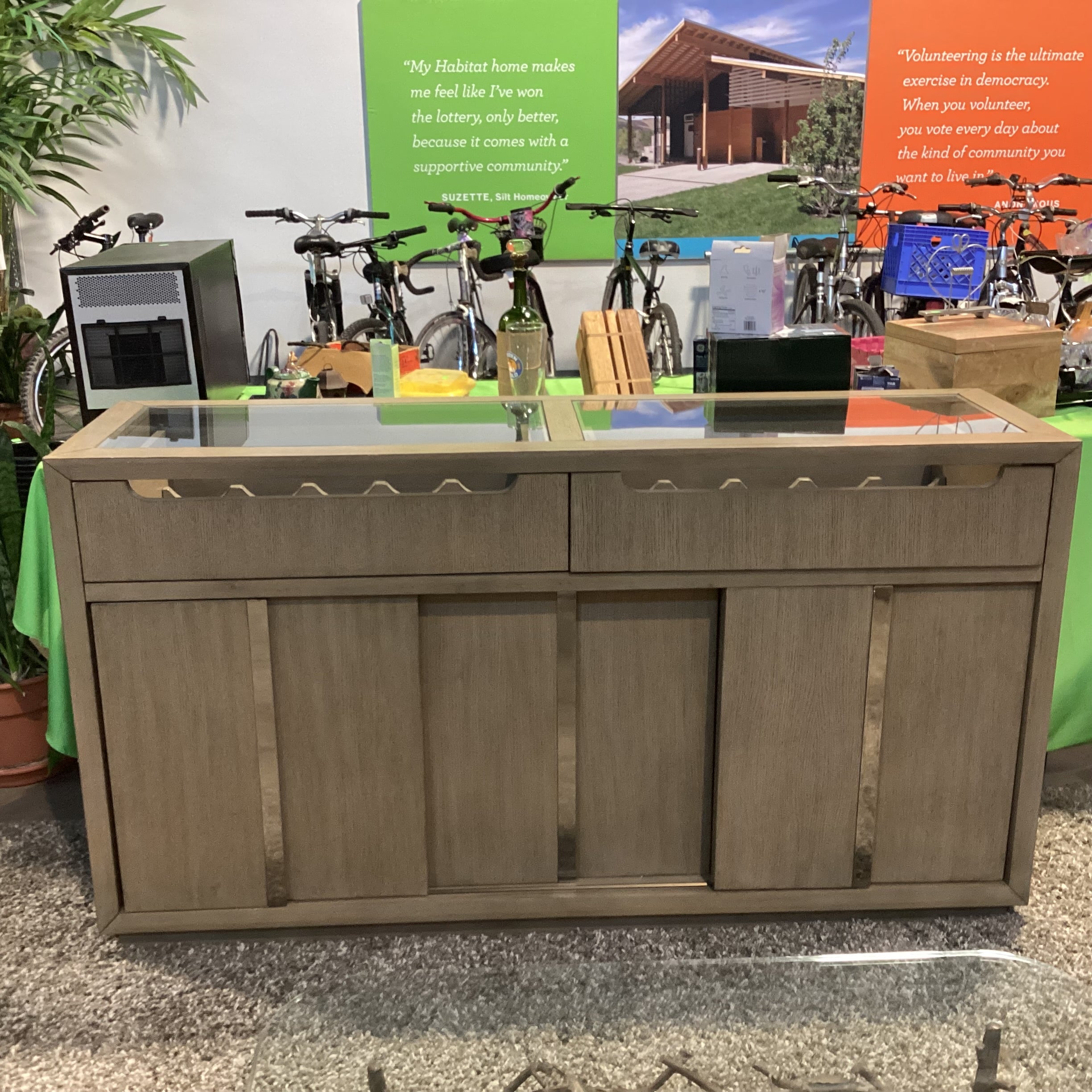 Klaussner Olive Grey Tone Finish Sliding Doors & 2 Wine Drawers with Glass Top Server Sideboard 65"x 18"x 36"
