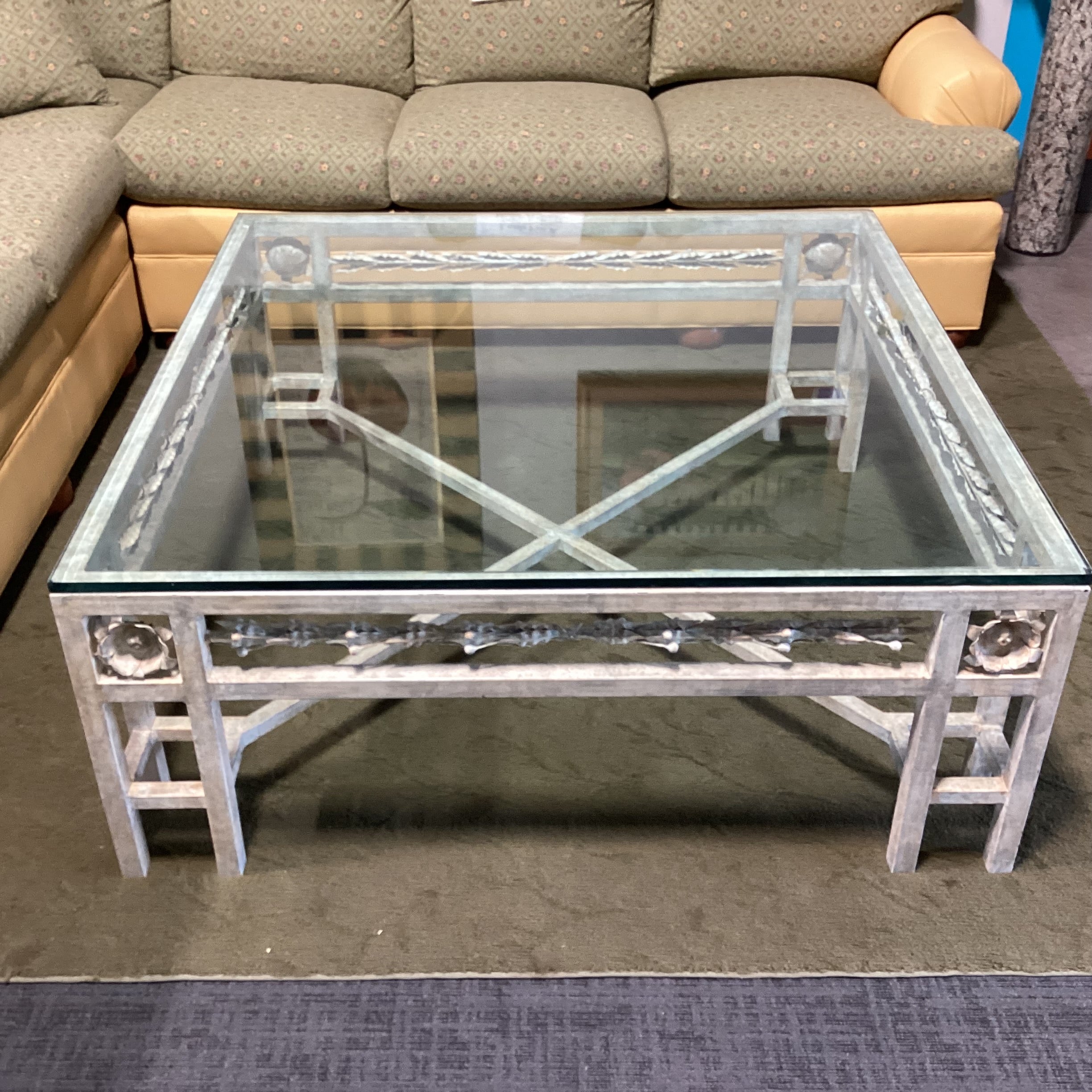 Brushed Antiqued Ivory Iron with Floral Detail & Glass Coffee Table 48"x 48"x 20"