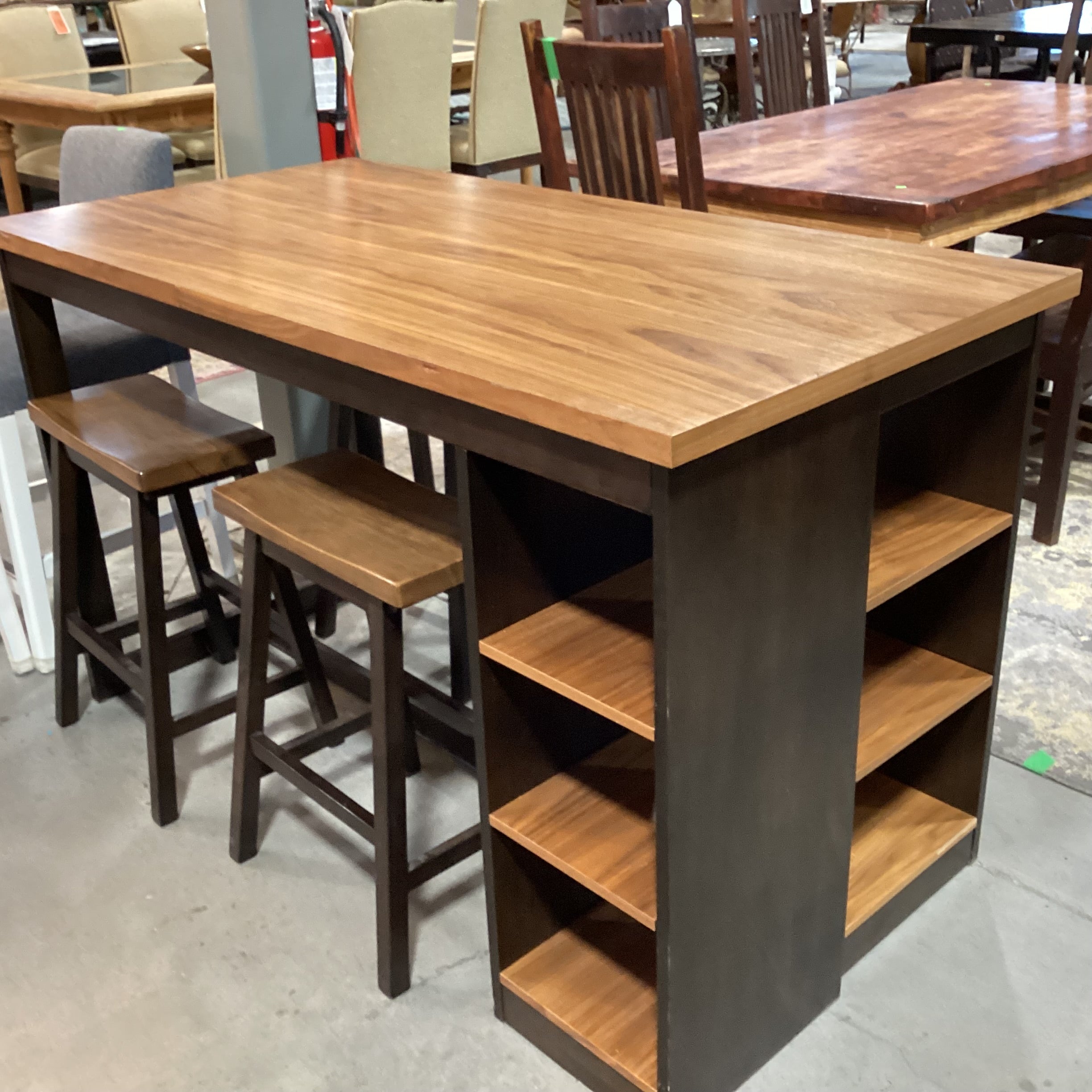 Veneer & Wood 2 Tone with Shelves IslandTable & 4 Stools Dining Set 59"x 29.5"x 36"