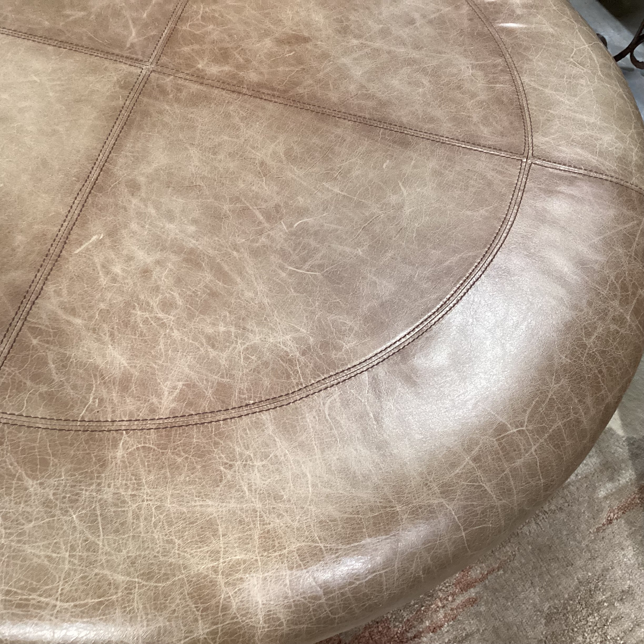 Carved Wood & Distressed Leather Round Ottoman 45" Diameter x 19.5"