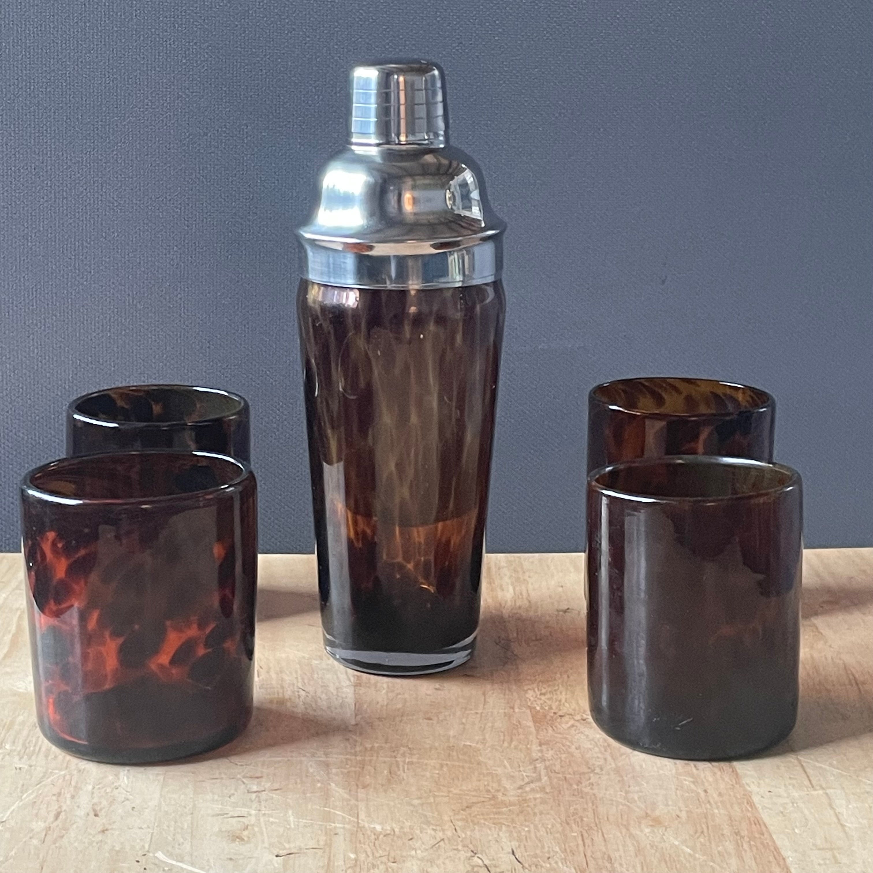 Set of 5 Pieces Blown Glass Tortoise Shell Glasses and Cocktail Shaker Barware