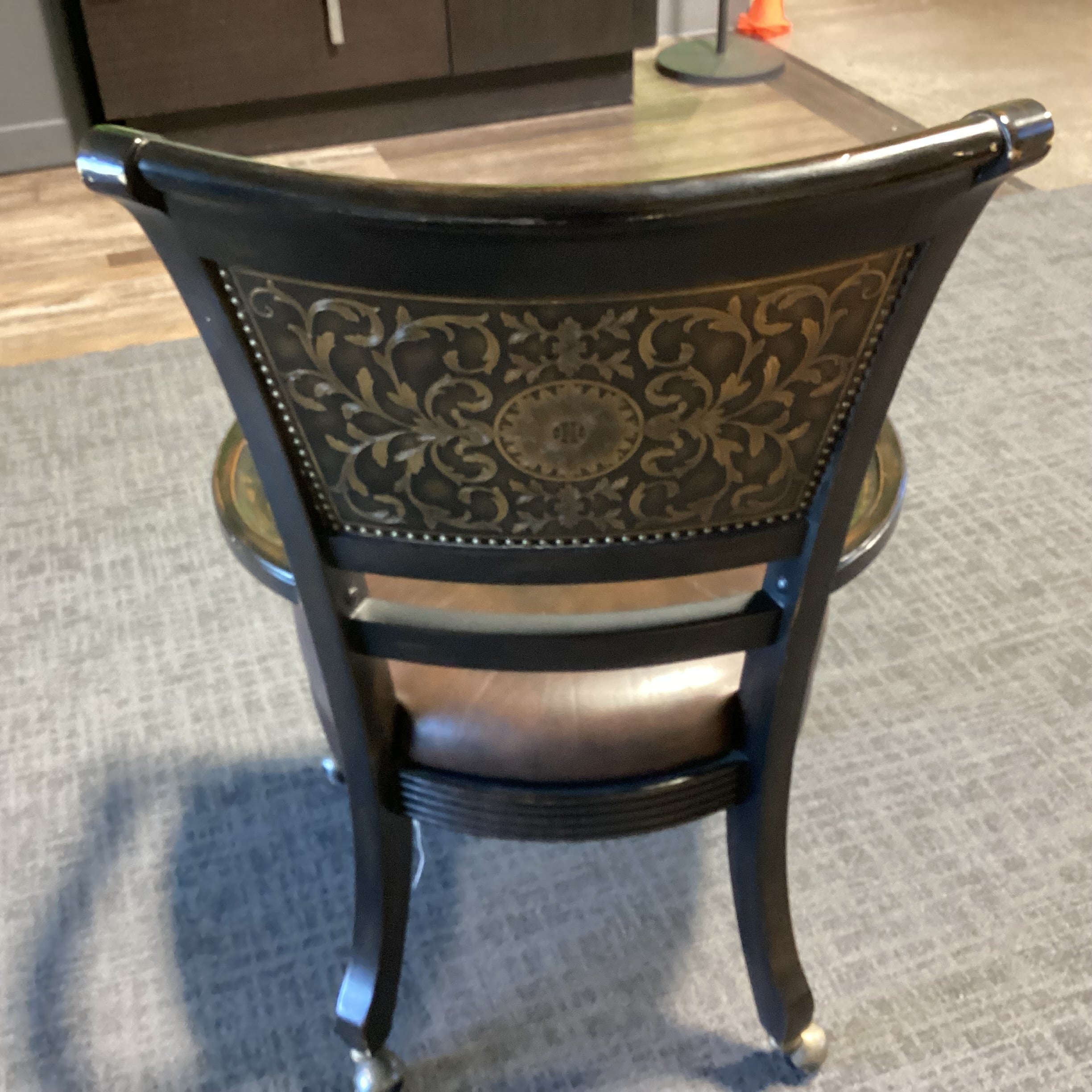 Black Distressed Wood Leather Seat & Ornate Metal Back Detail Frisco Castered Chair 24"x 23"x 40"