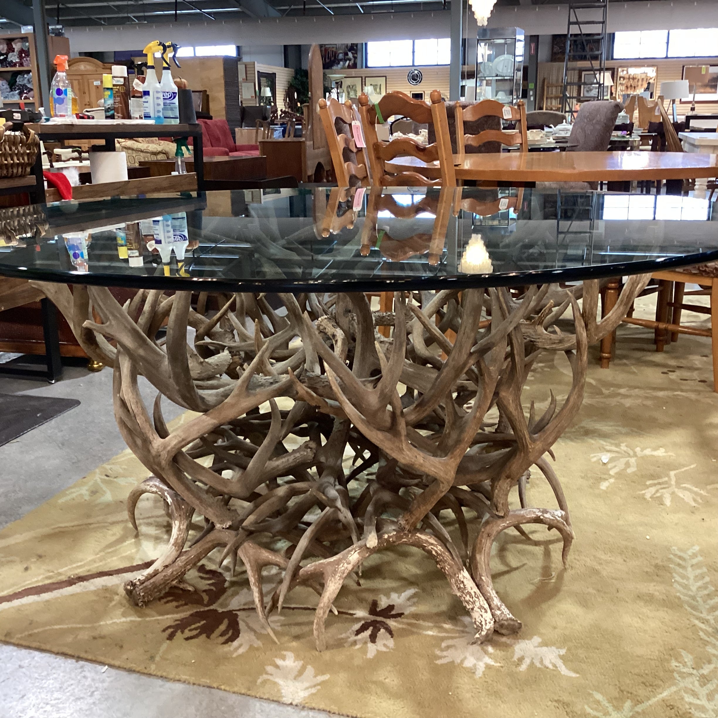 Antler & Round Glass Top Dining Table 66" Diameter x 30"