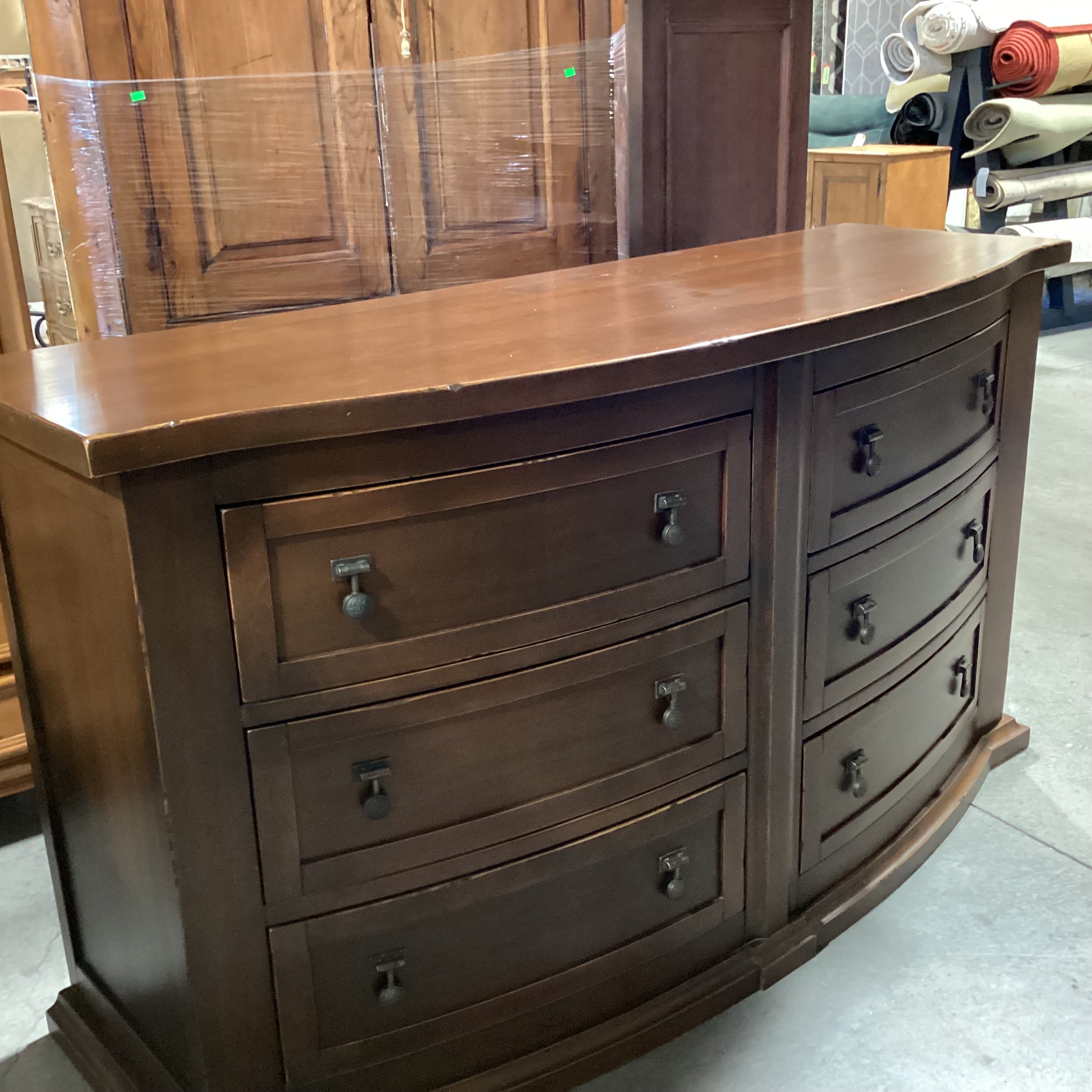 Dark Distressed Finish Solid Carved Wood 6 Drawer Curved Front Dresser 66"x 23.5"x 37"