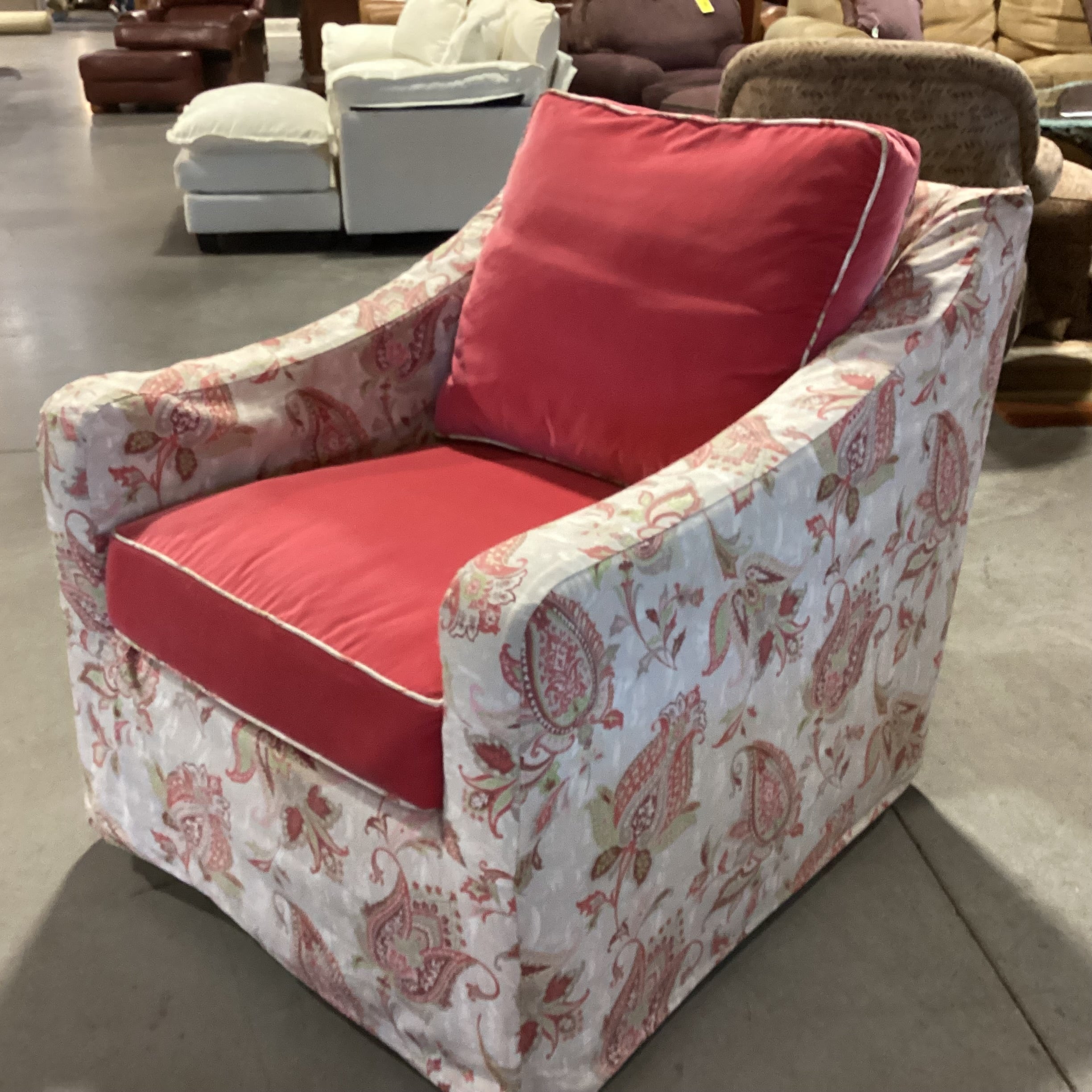 Salmon Pink Velvet with Linen Paisley Slipcover Down Mix Swivel Chair 32"x 39"x 33"