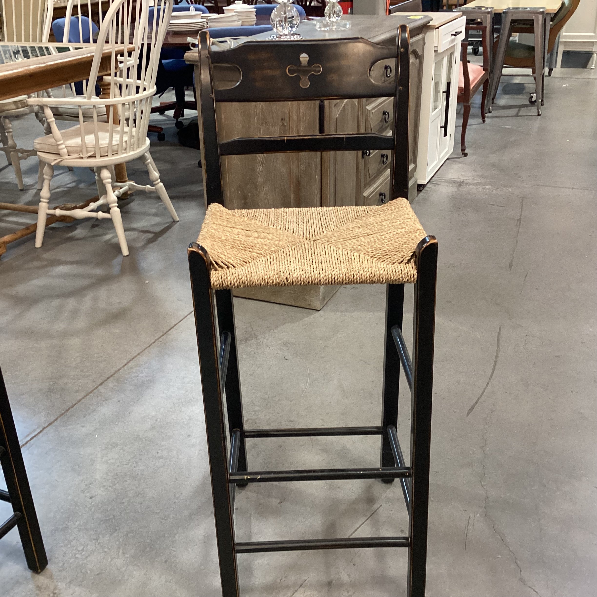 SET of 4 Wolf Diamond Point in Black Hand Sanded Maple Woven Seagrass Seat Barstools 30"