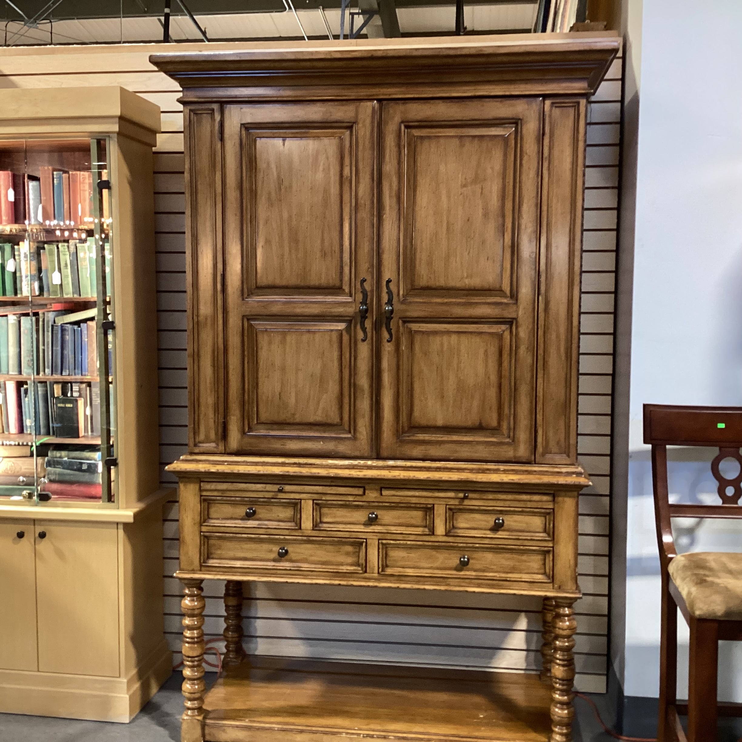 Lexington Distressed Finish Wood 5 Drawer 2 Pullouts with Bar Cabinet 2 Piece Hutch 56"x 25"x 89"