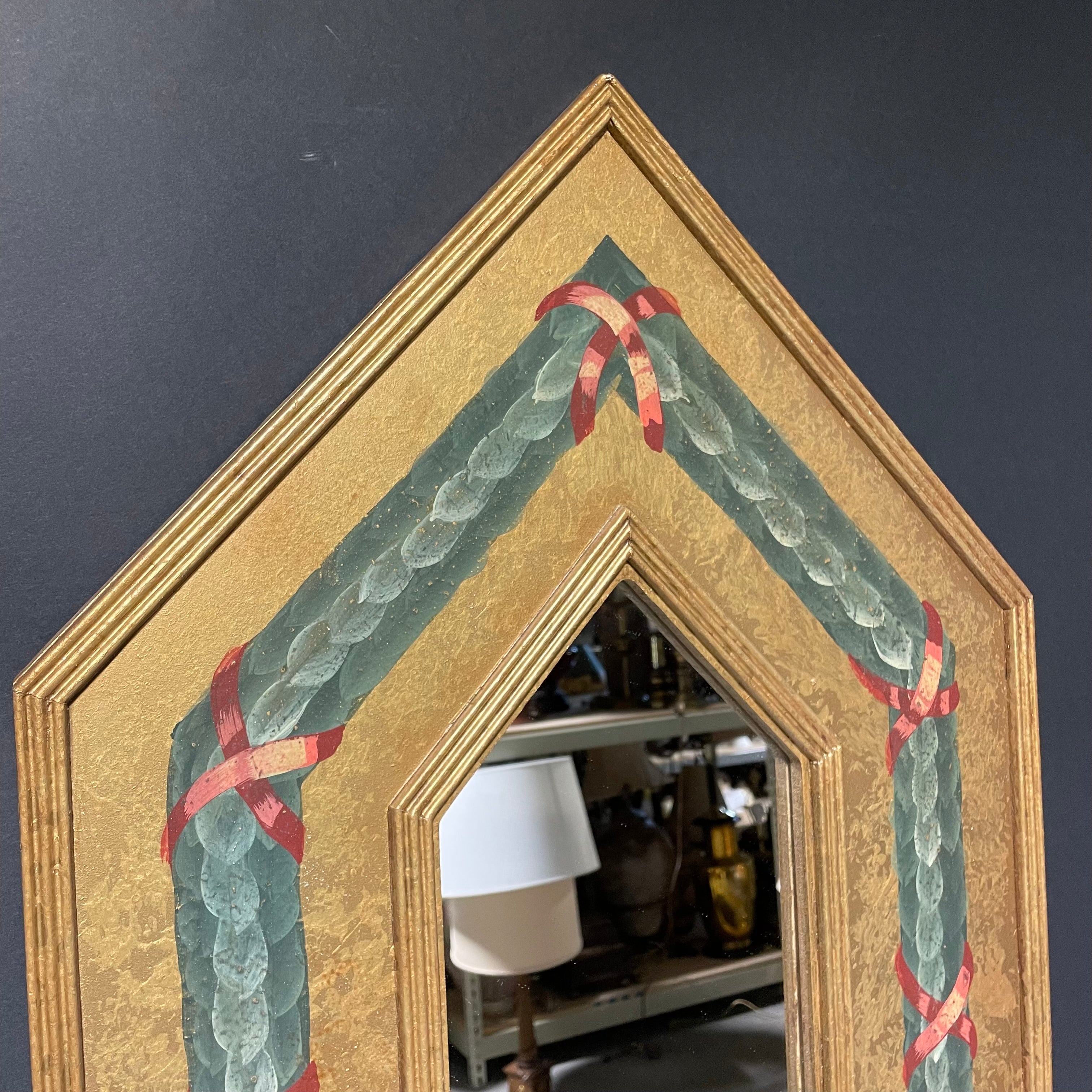 Mid Century Modern Giltwood Wall Mirror With Hand-Painted Garland 20" x 36"