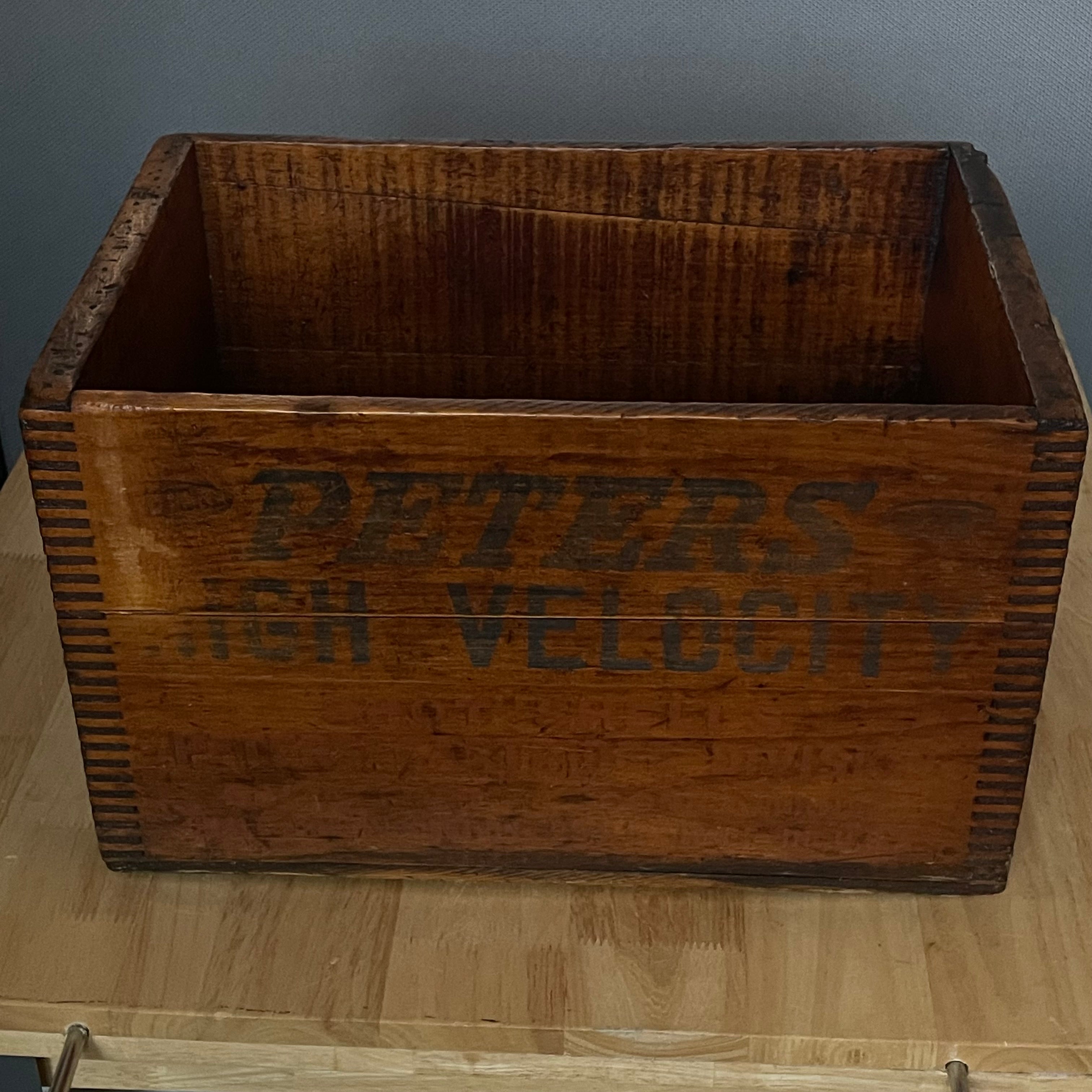 Antique Peters High Velocity Wooden Dove Tailed Ammo Crate,14.25"x 9.25"x 9"