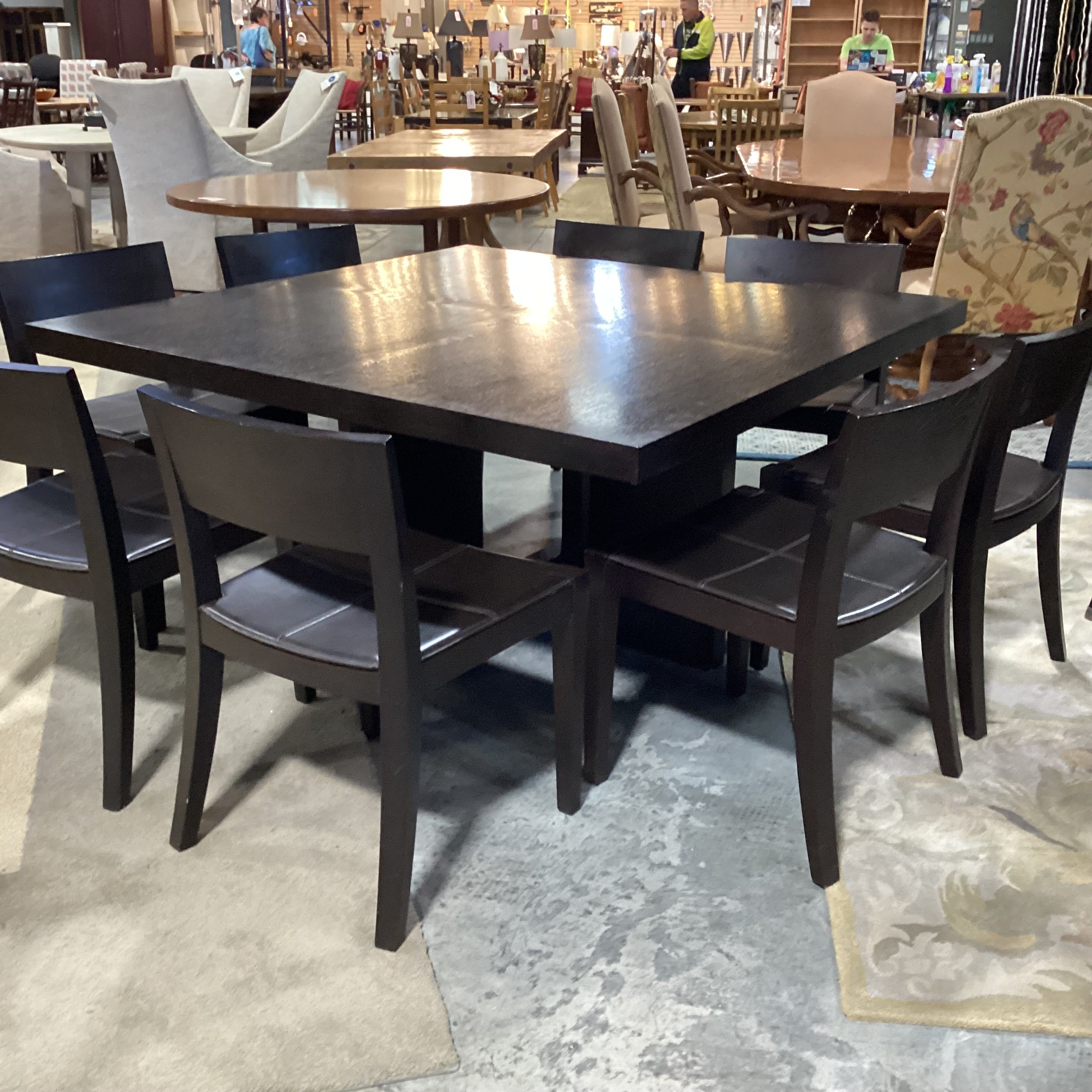 Casa Milano Italian Modern Japandi Design Table with 8 Wood & Leather Chairs Dining Set 59"x 59"x 29"