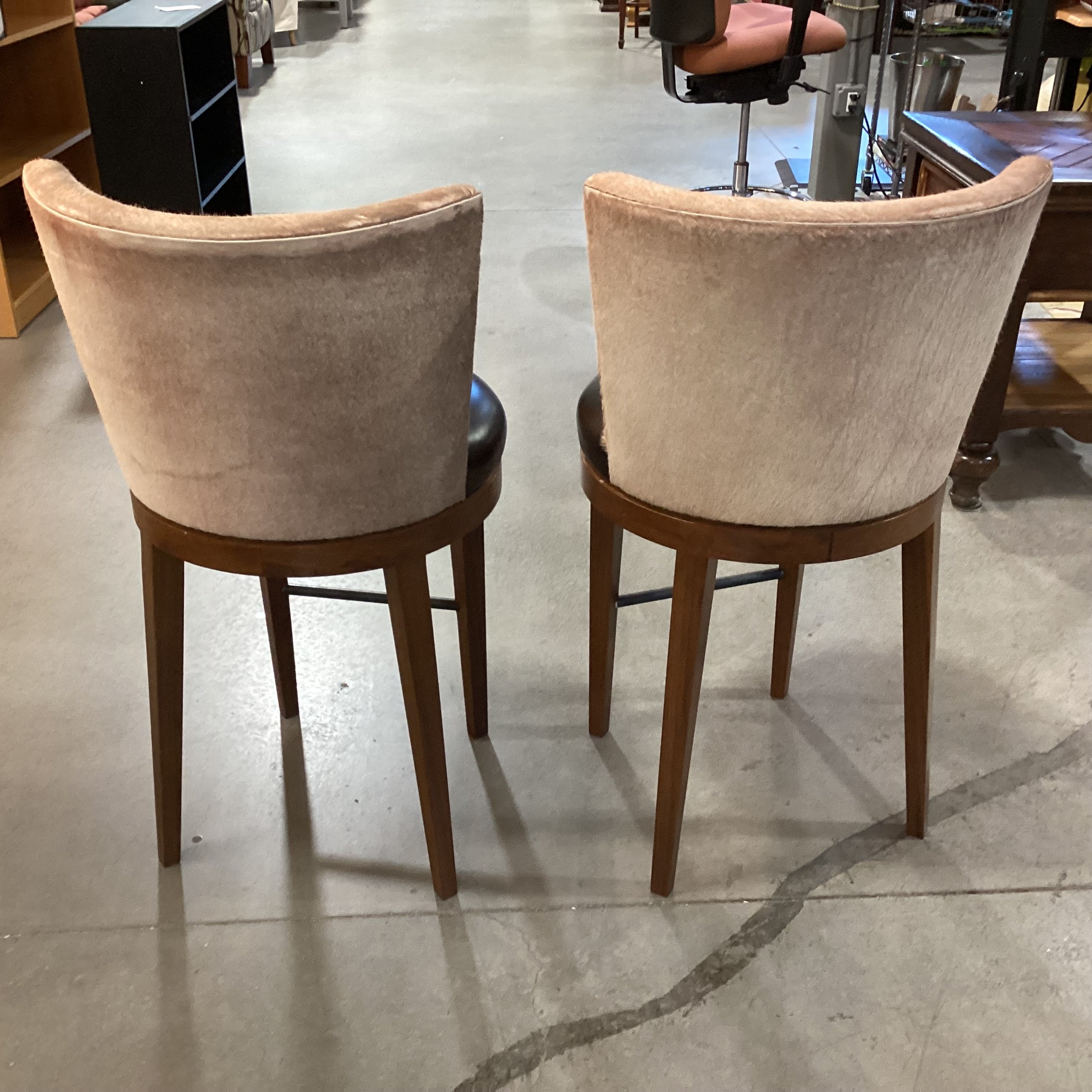 SET of 2 Carved Wood Cowhide & Leather Swivel Barstools 27"