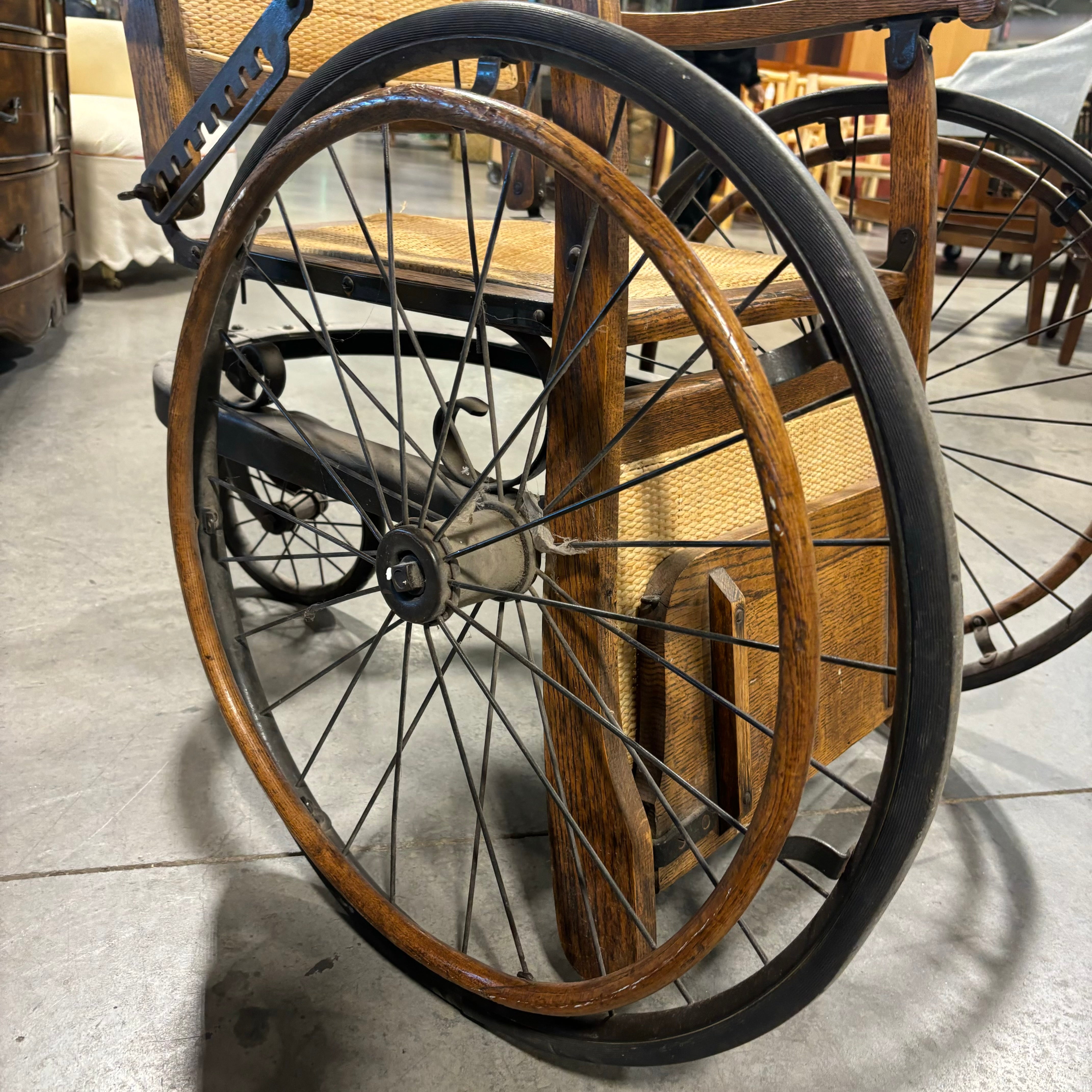 Antique Late 19th Century Oak & Wicker Genredon Wheelchair 30"x 36"x 39.5"