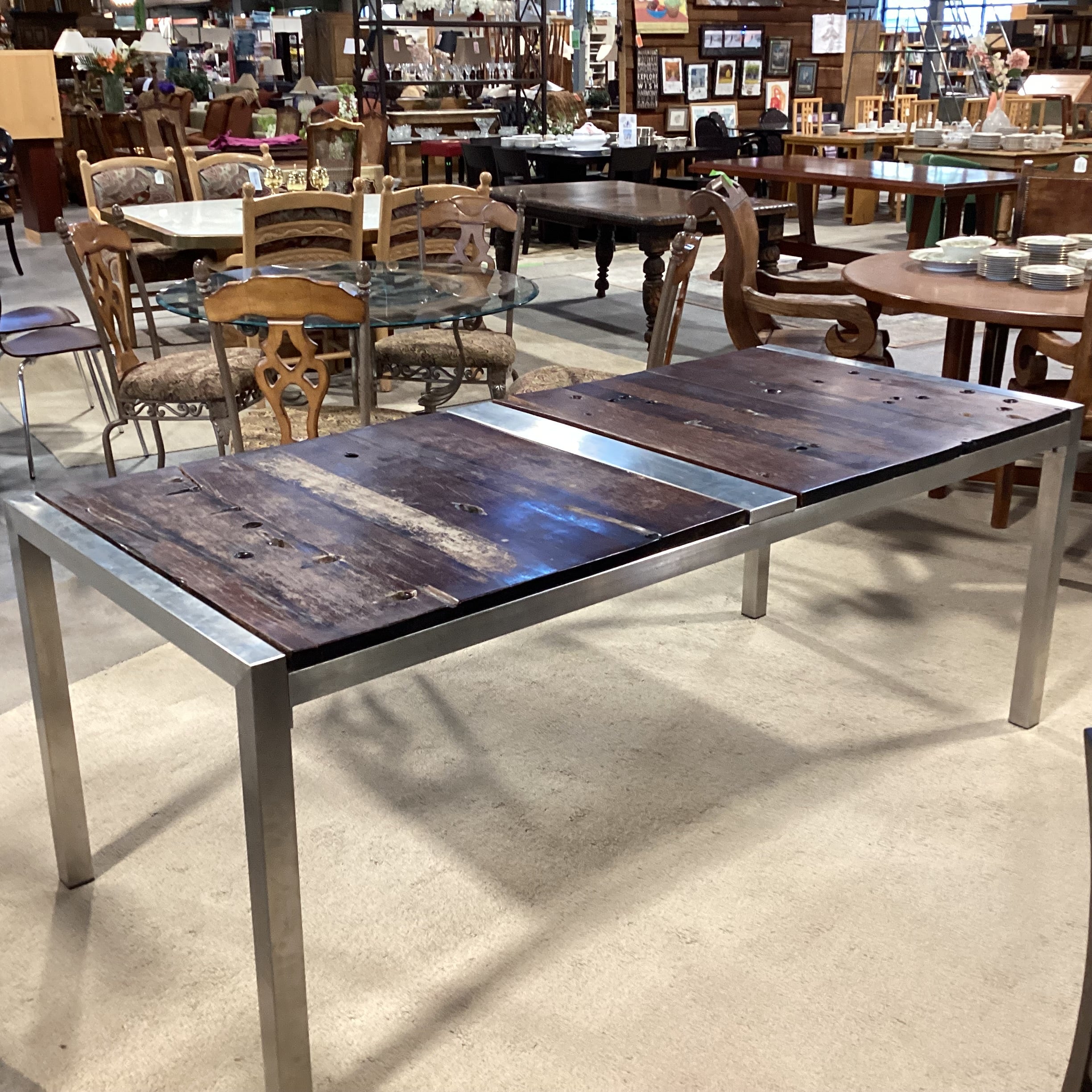 Custom Salvaged Antique Recycled Wood From Chinese Trading Boats & Metal Dining Table 78"x 34.5"x 30"