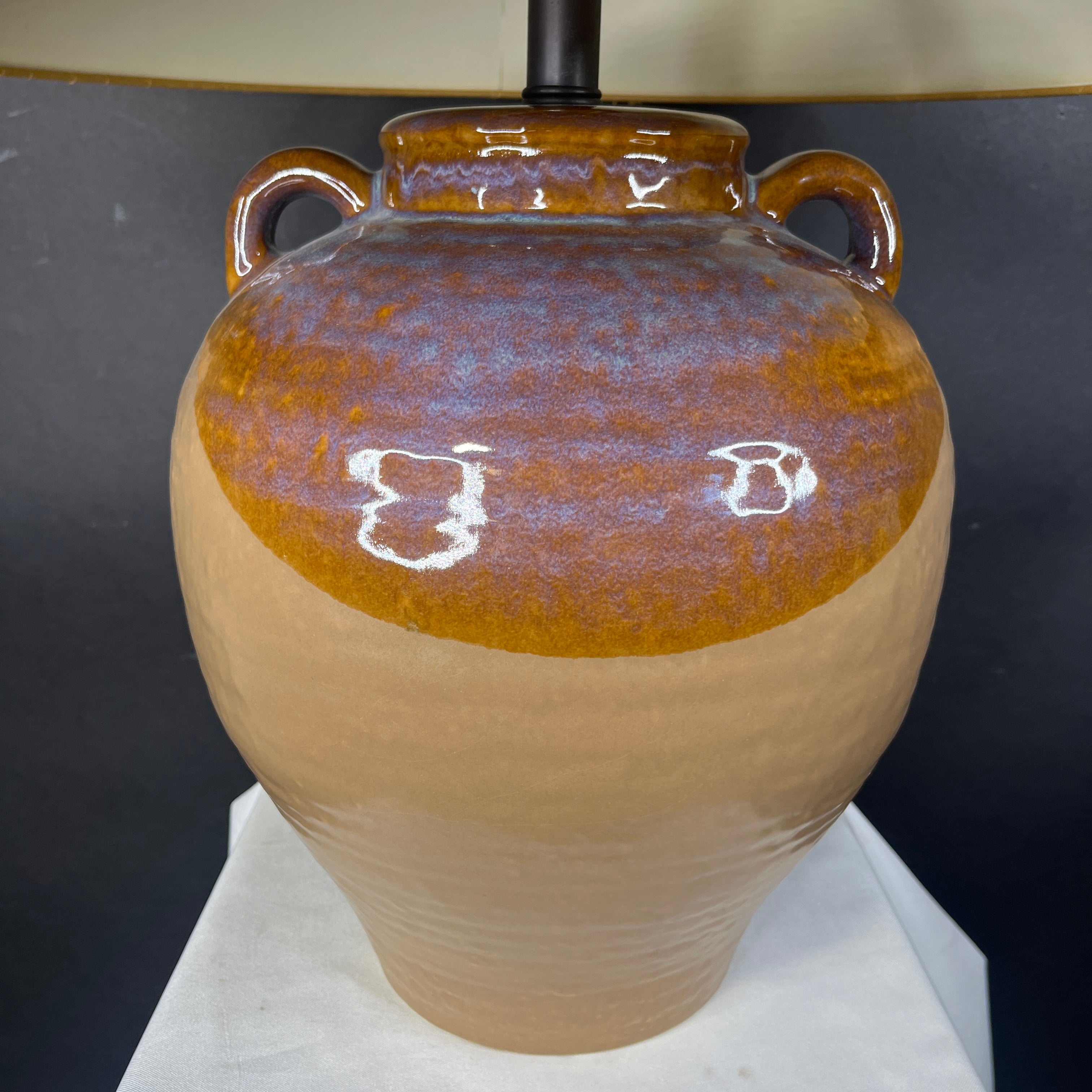 Two Tone Glazed Handled Pottery Jug with Shade Table Lamp 20” Diameter @ Shade x 25.5”
