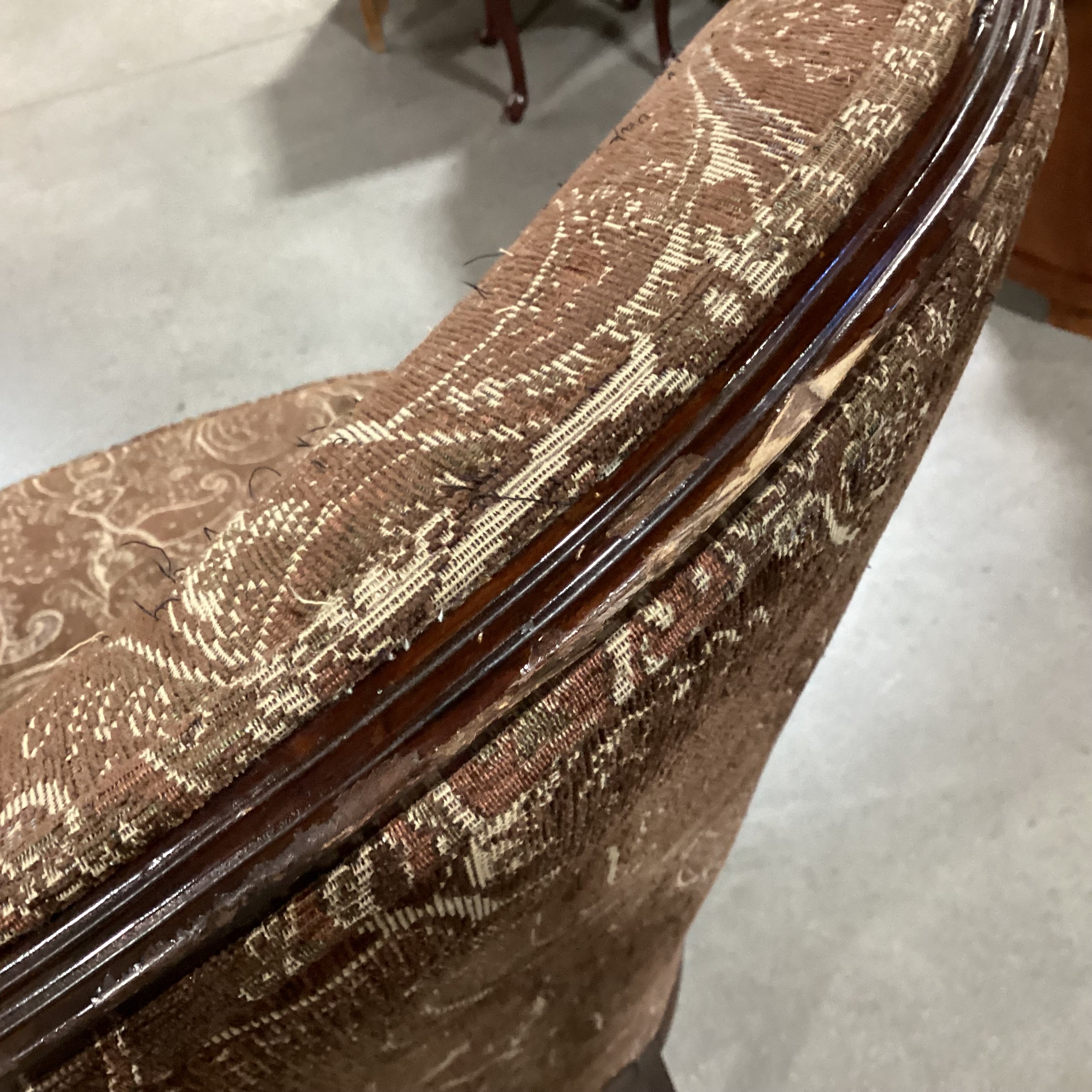 Vintage Brown Tones Paisley & Carved Wood Wing Chair 26"x 36"x 43"