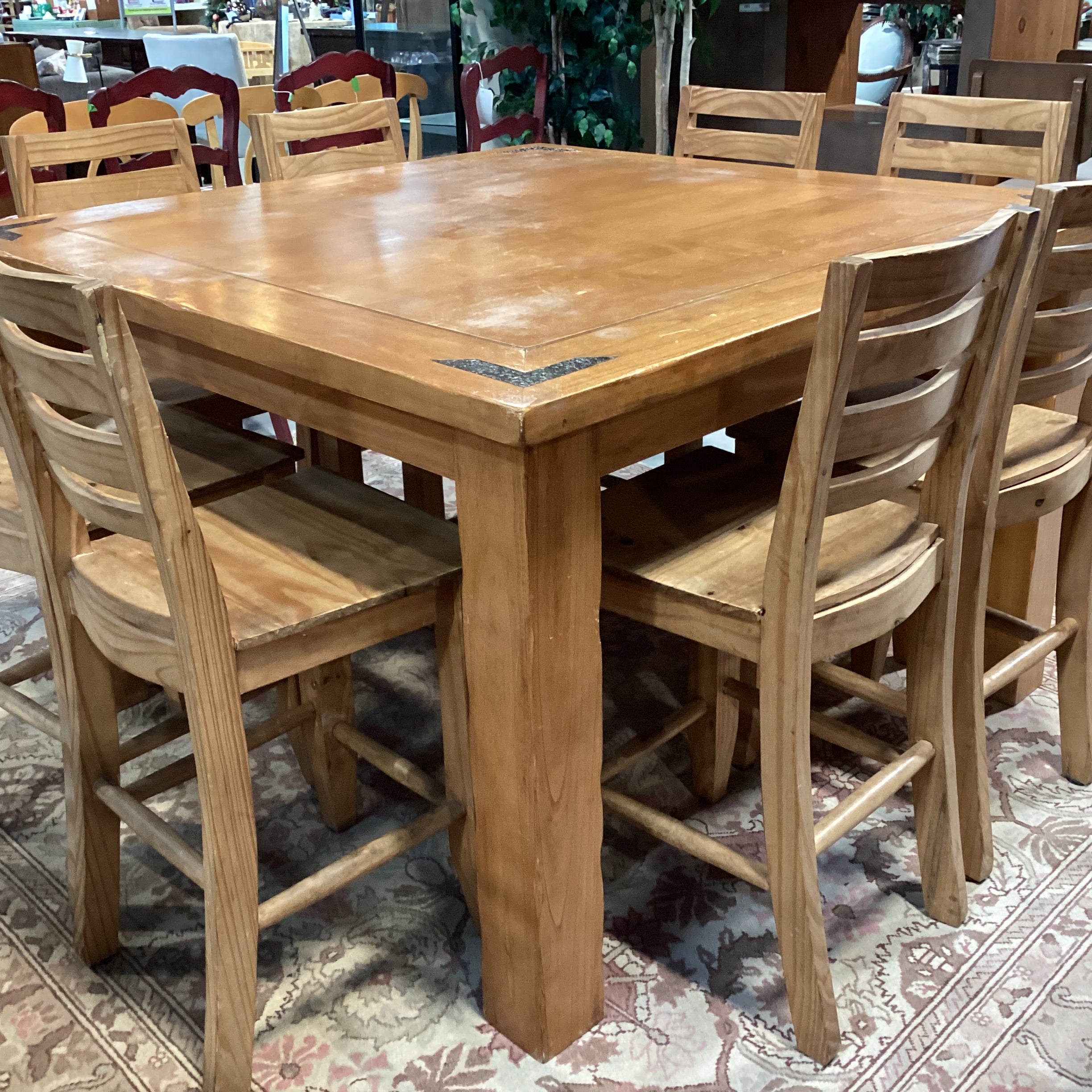 Solid Wood Iron Corner Detail Table with 8 Pine Barstools Dining Set 57"x 57"x 36"