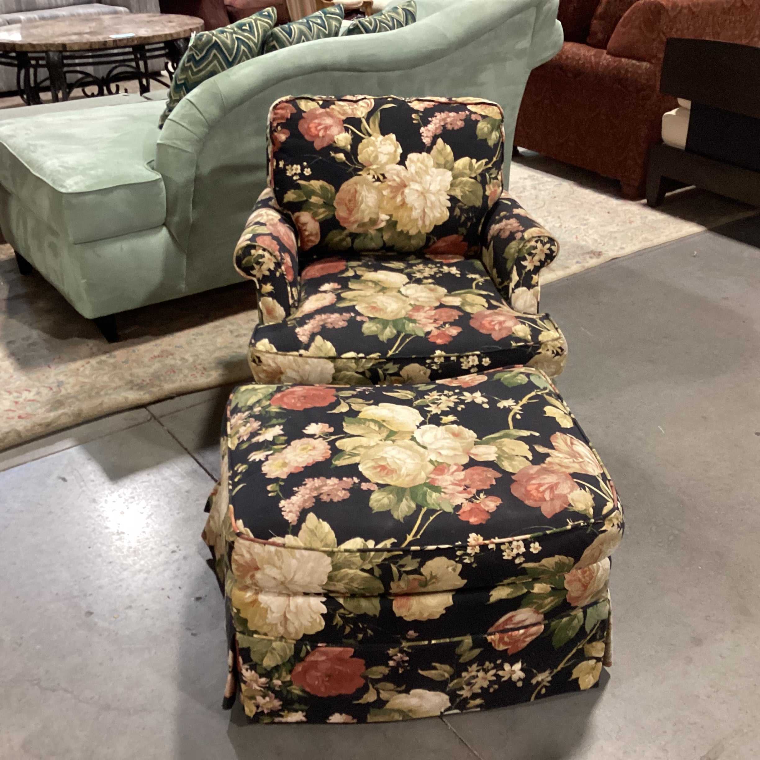 Black with Rose Floral with Ottoman Chair 31" X 32" x 30"