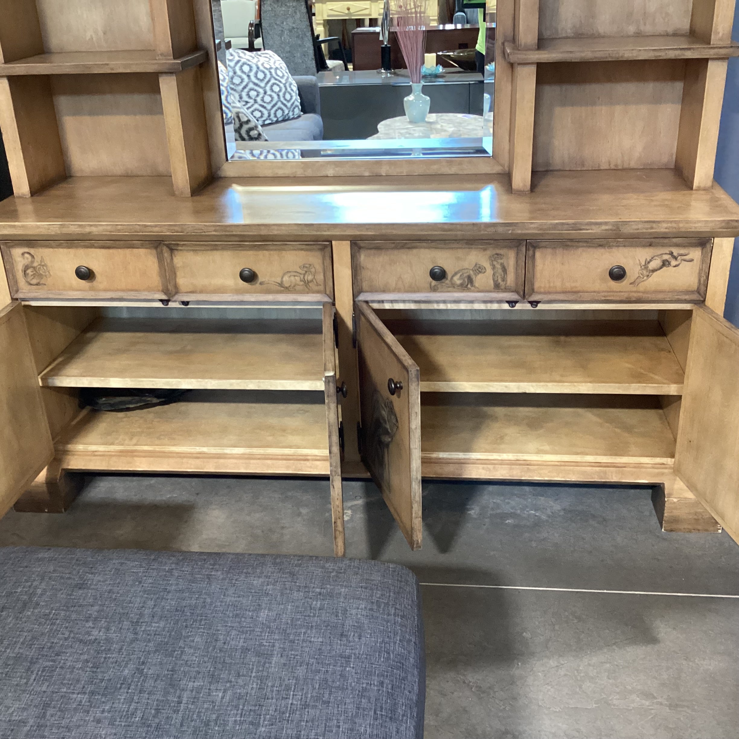 Custom Cabinetry Antiqued Wash with Forest Animals 2 Piece with Hutch Credenza 72"x 21"x 96"