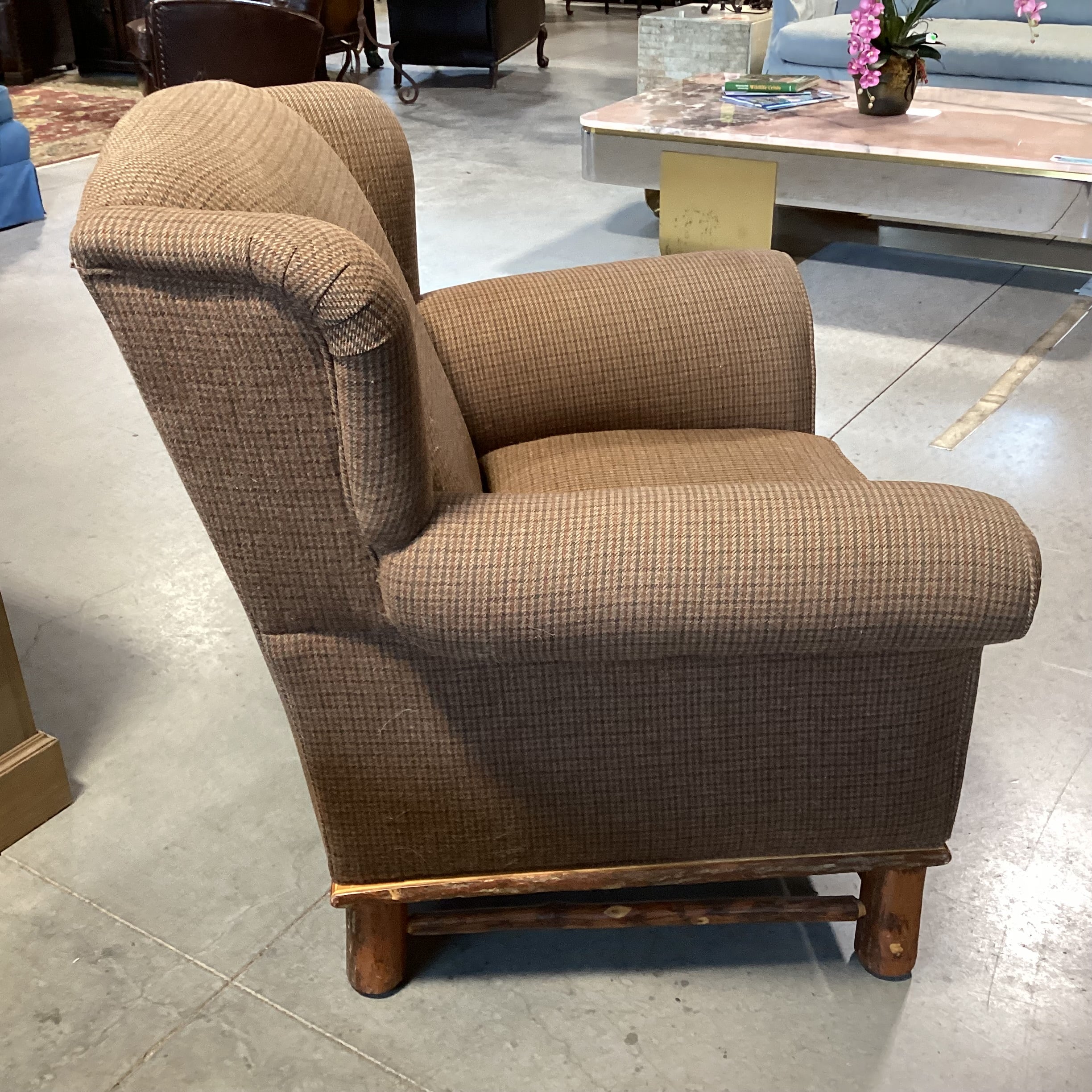 Old Hickory Brown Houndstooth Wool Blend & Log Winged Chair 39"x 32"x 39"