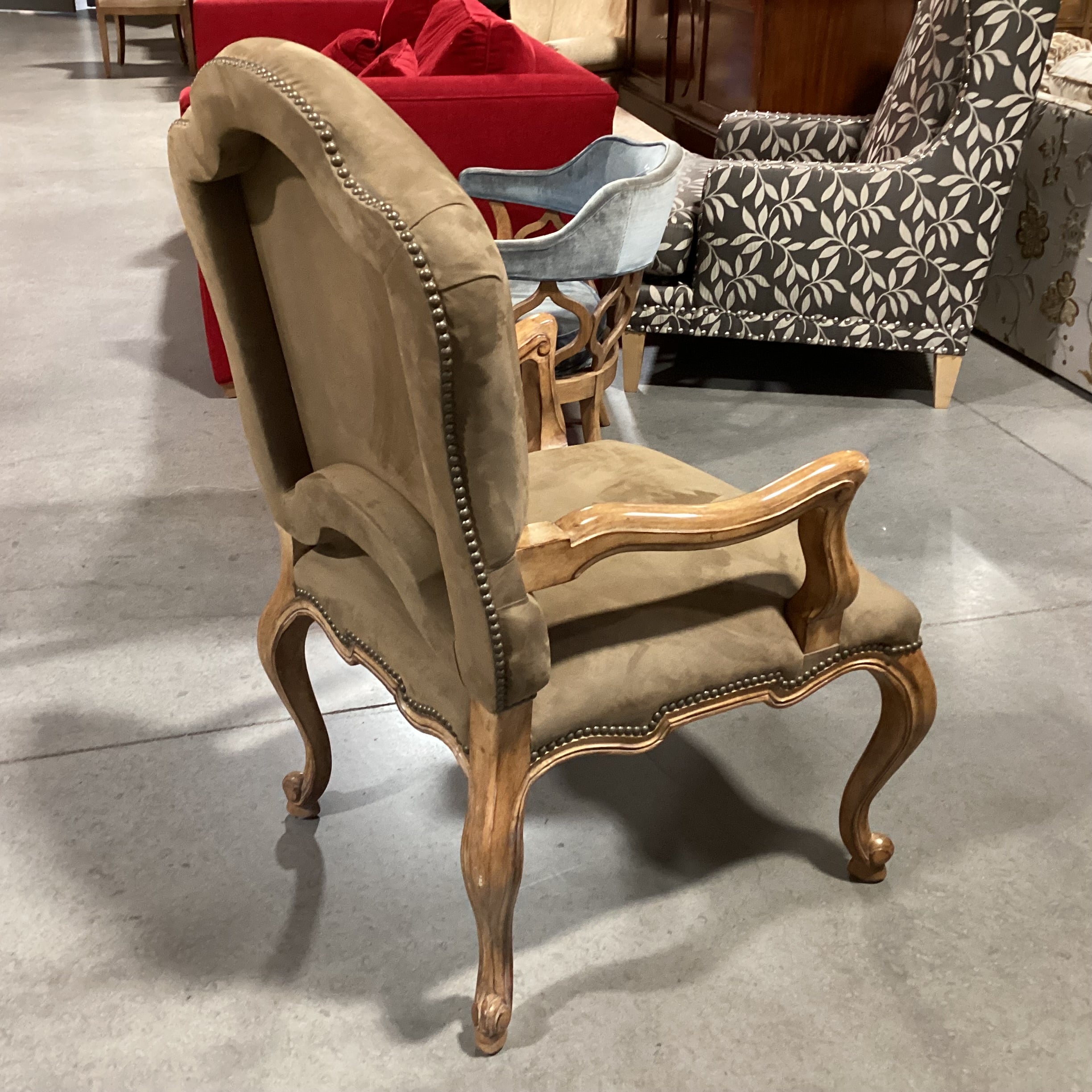 Kreiss Tan Ultra Suede Nailhead & Carved Wood Chair 27"x 27"x 44"