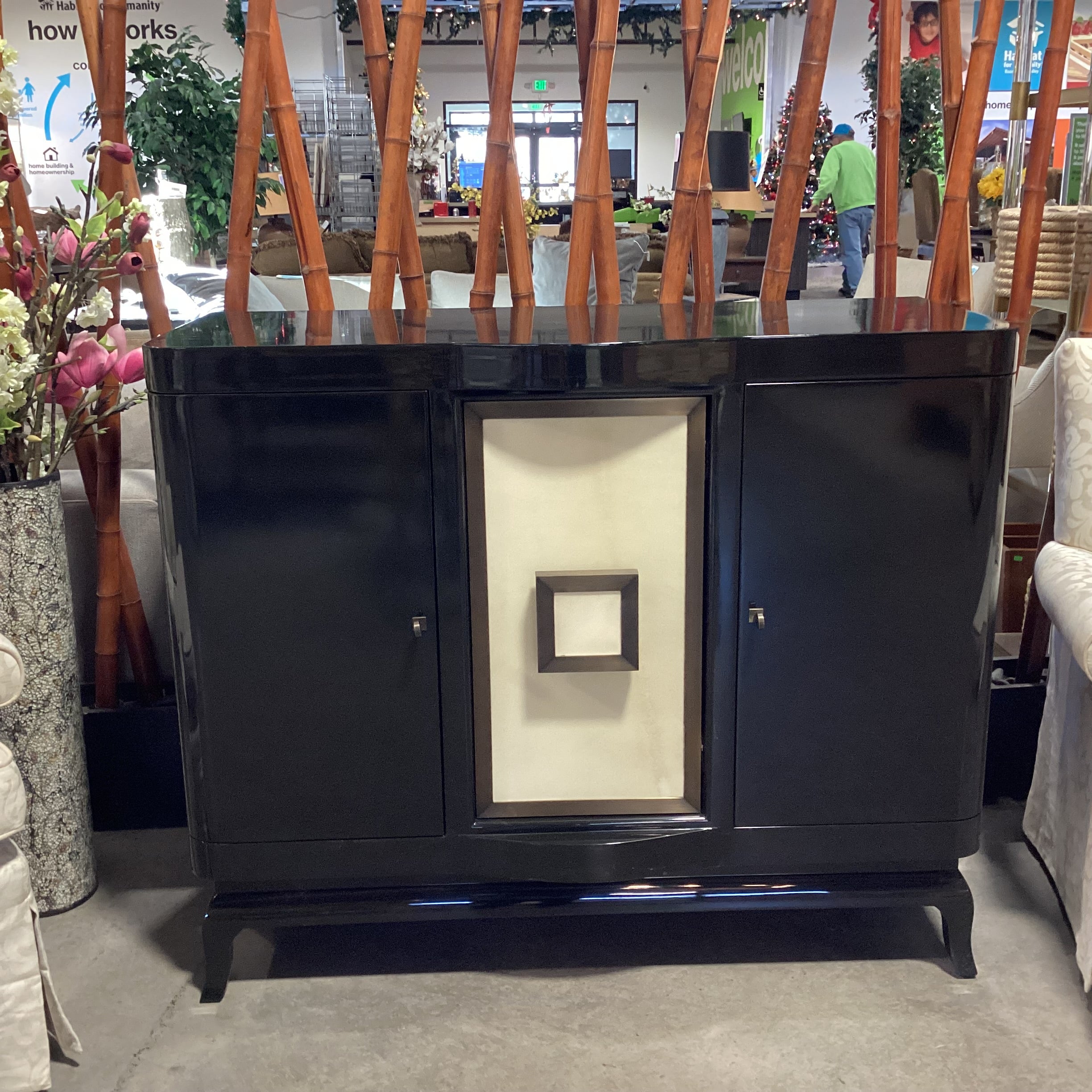 French Art Deco Style Black Lacquer 3 Door Buffet 48"x 22"x 40"
