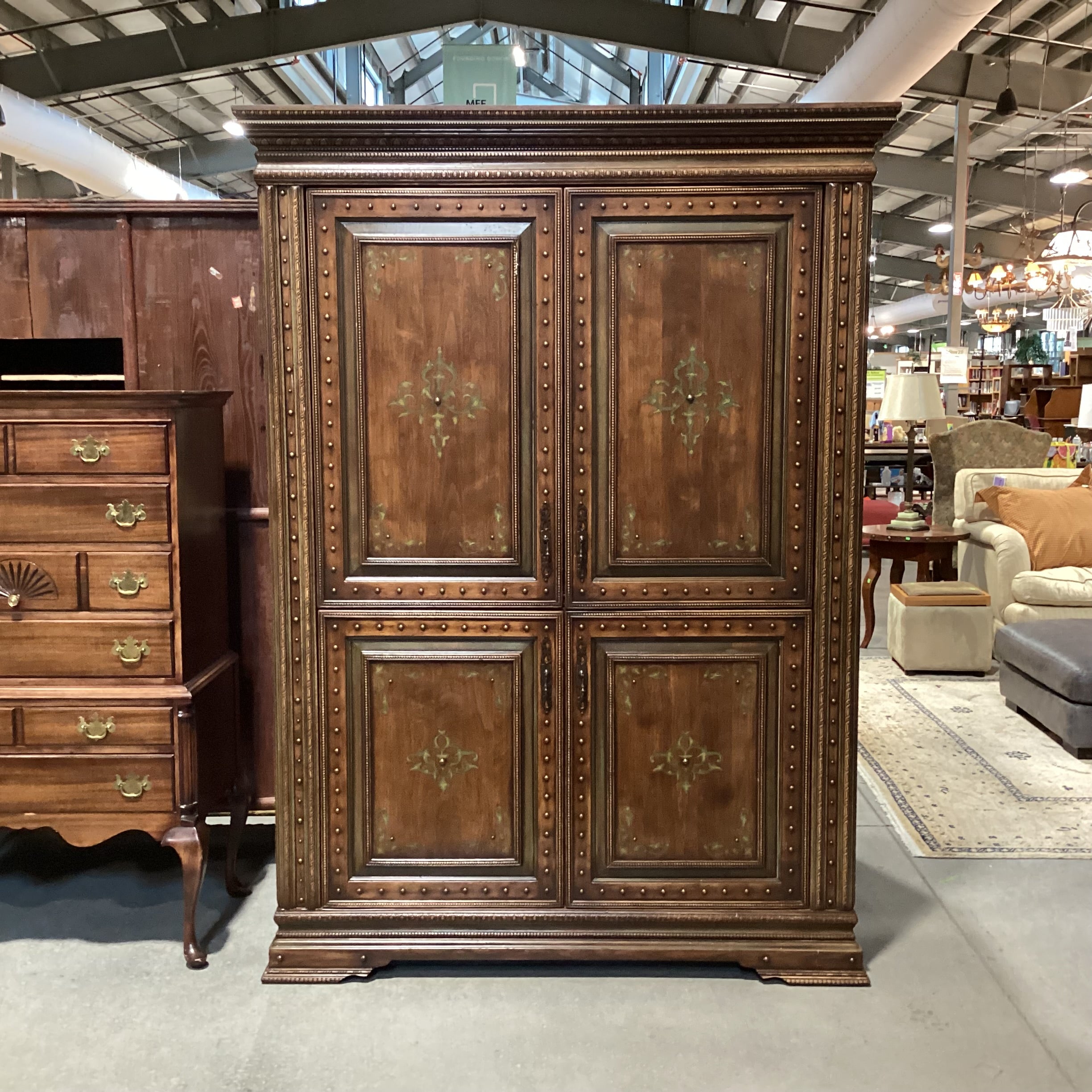 Carved Detail with Nailhead & Painted Design 4 Door Armoire