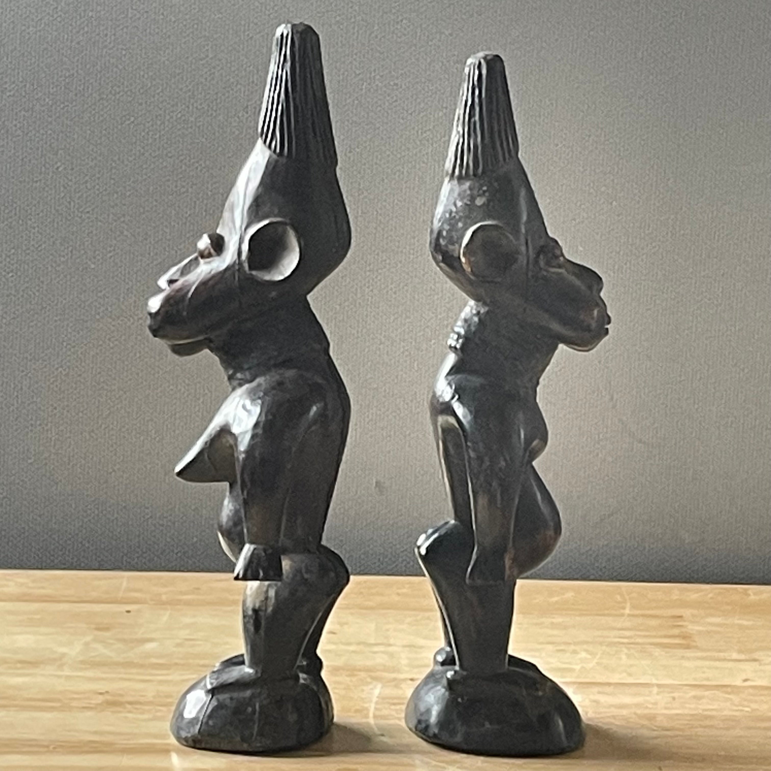 Vintage Nigerian Hand Carved Yoruba Ere Ibeji Figurines, Pair, 4"x 12" Approximately
