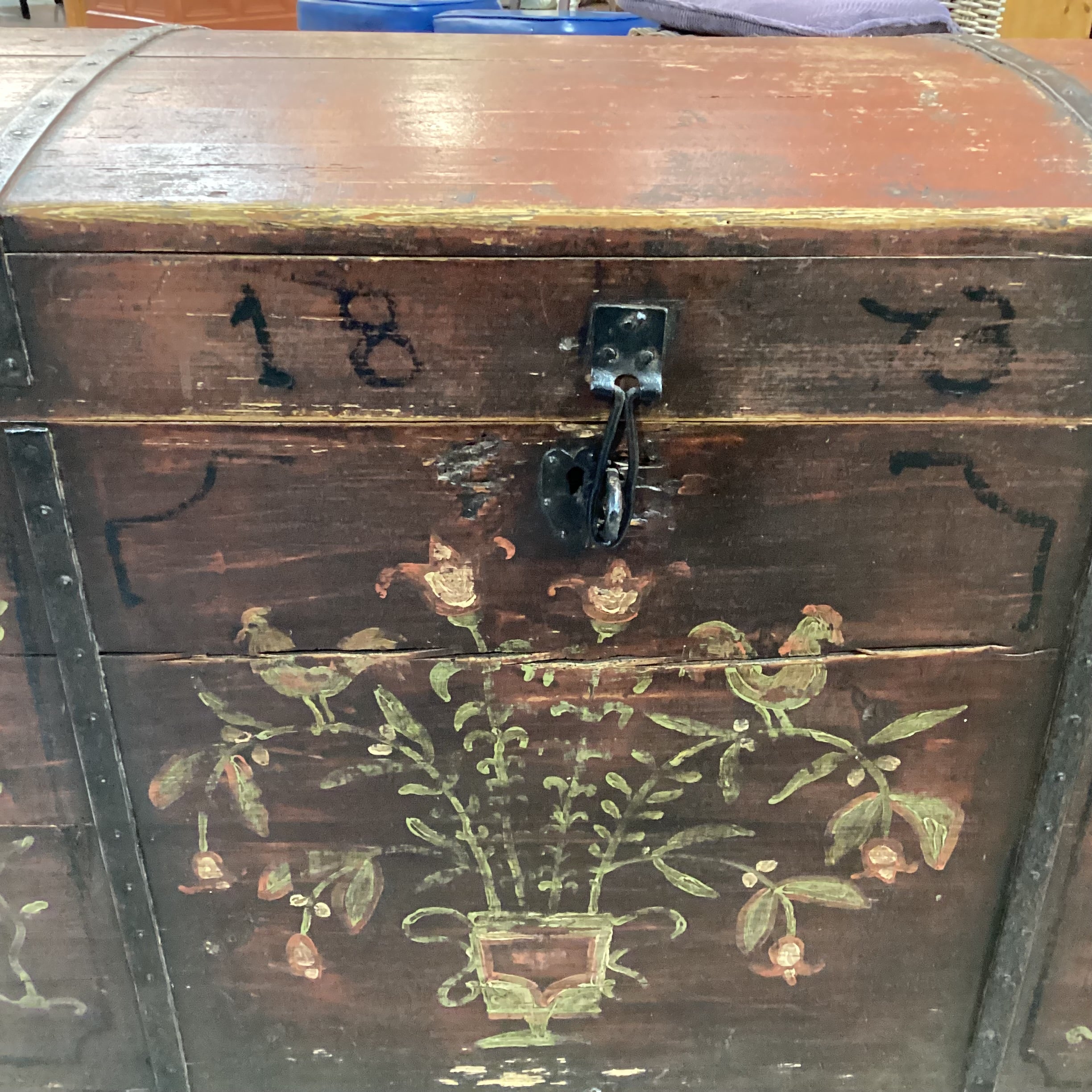 Antique 1873 Red with Floral Hand Painted Wood & Iron Trunk 34"x 24"x 25"