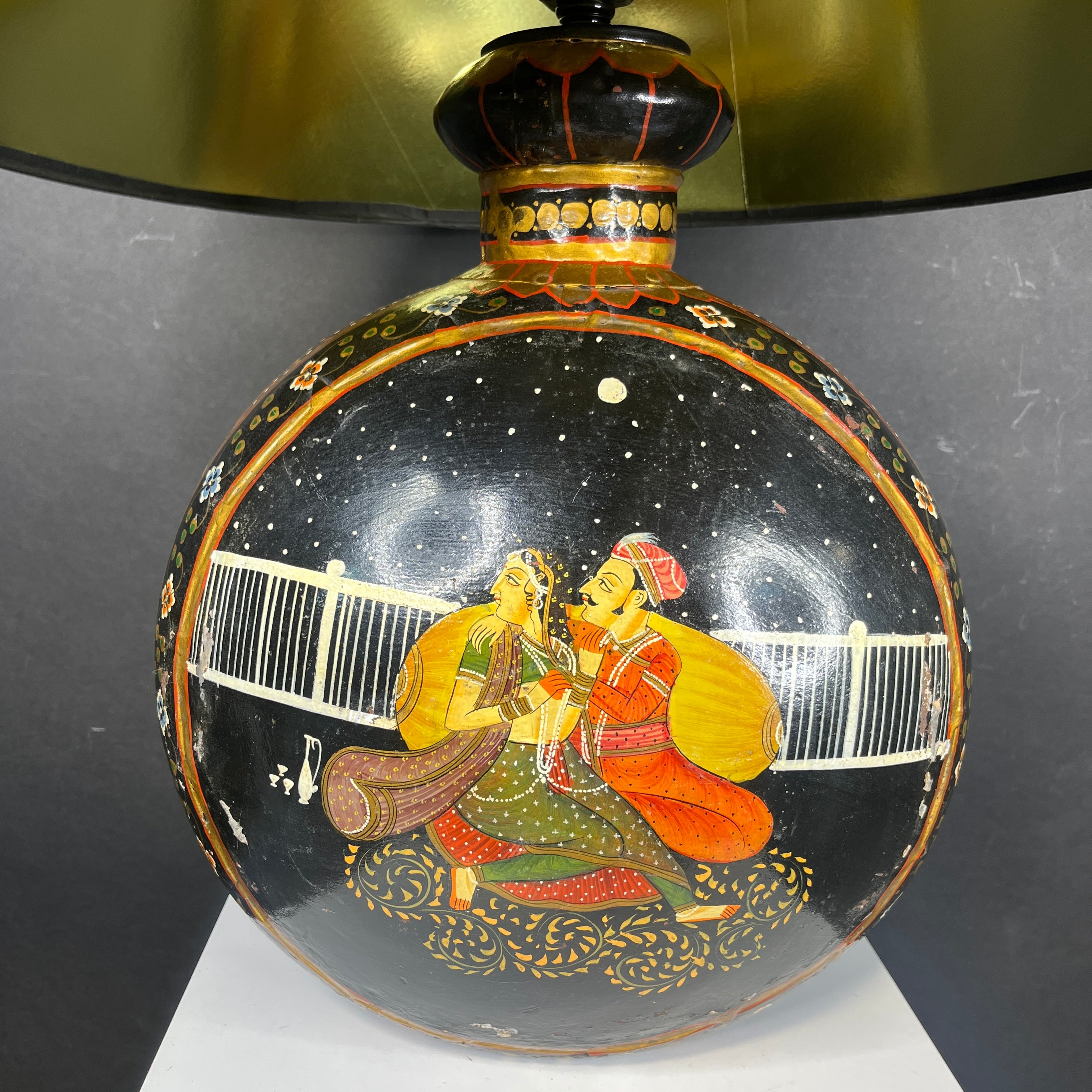 Vintage Double Sided Hand Painted Black and Gold Lovers Metal Vase with Shade Table Lamp 18” Diameter @ Shade x 25”