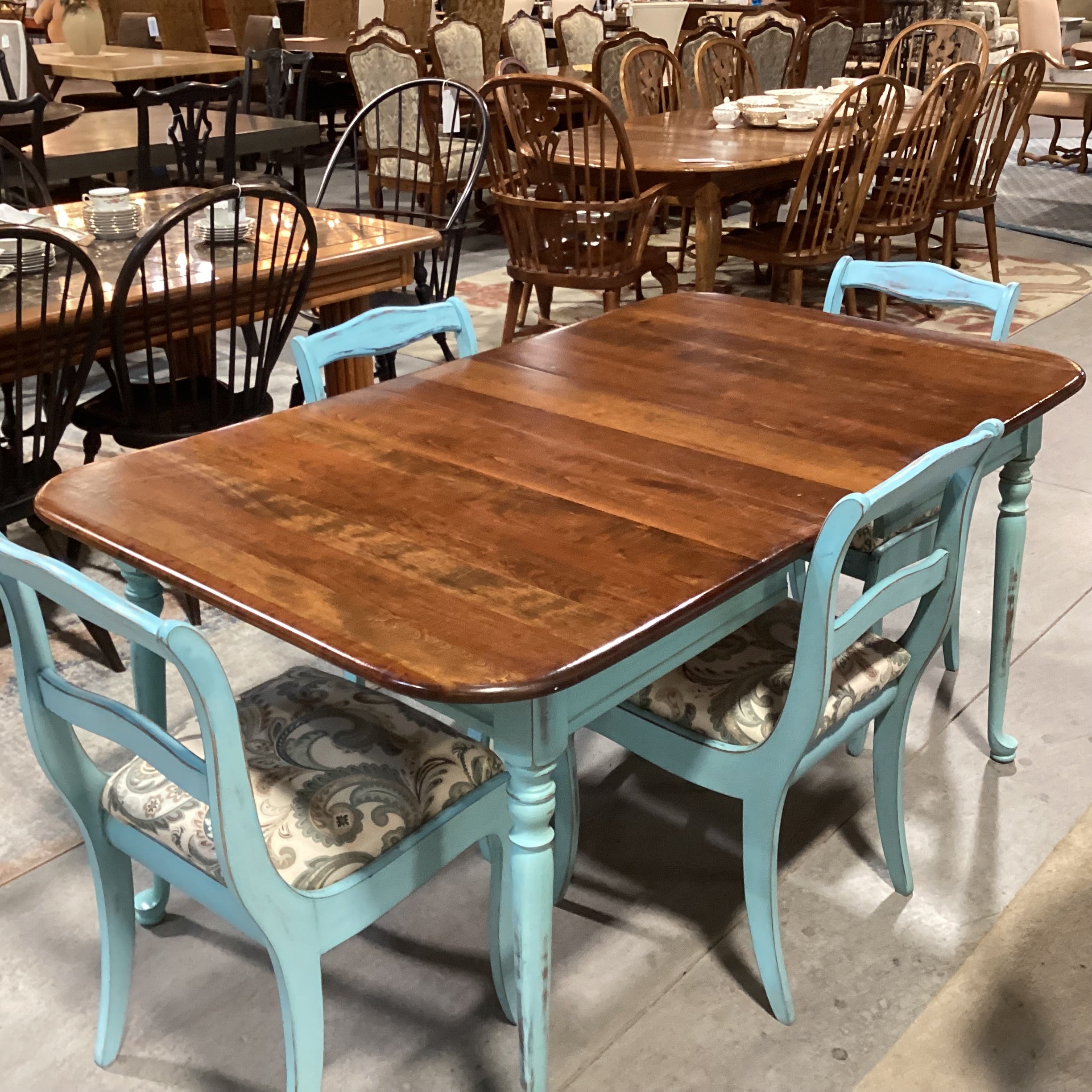Antique Refinished Blue & Wood Table with 4 Chairs Dining Set 52"x 36"x 30.5"