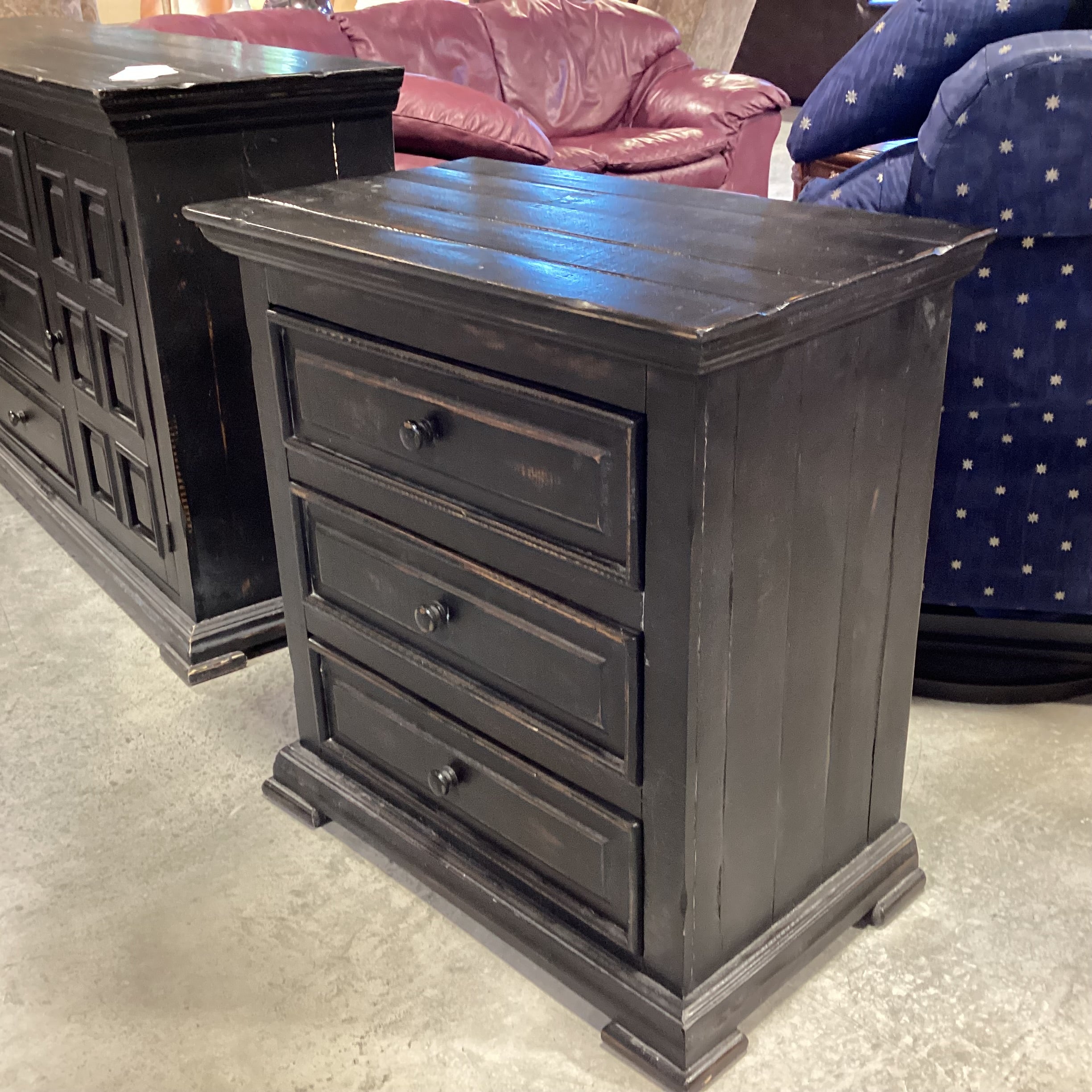 Black Distressed Wood 3 Drawer Chest Nightstand