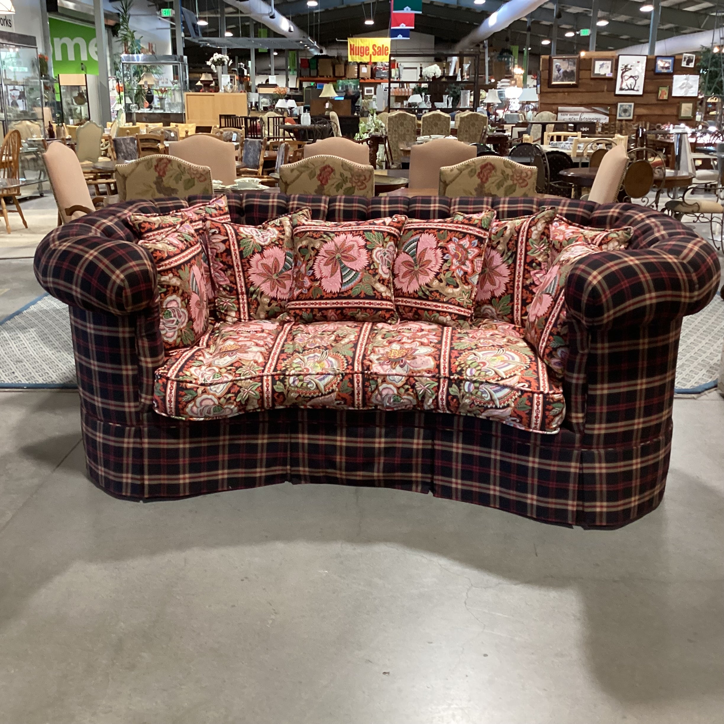 Custom Black Red Tan Plaid Button Tufted with Pink Ornate Floral Cushion & Pillows Down Mix Sofa 100"x 58"x 40"