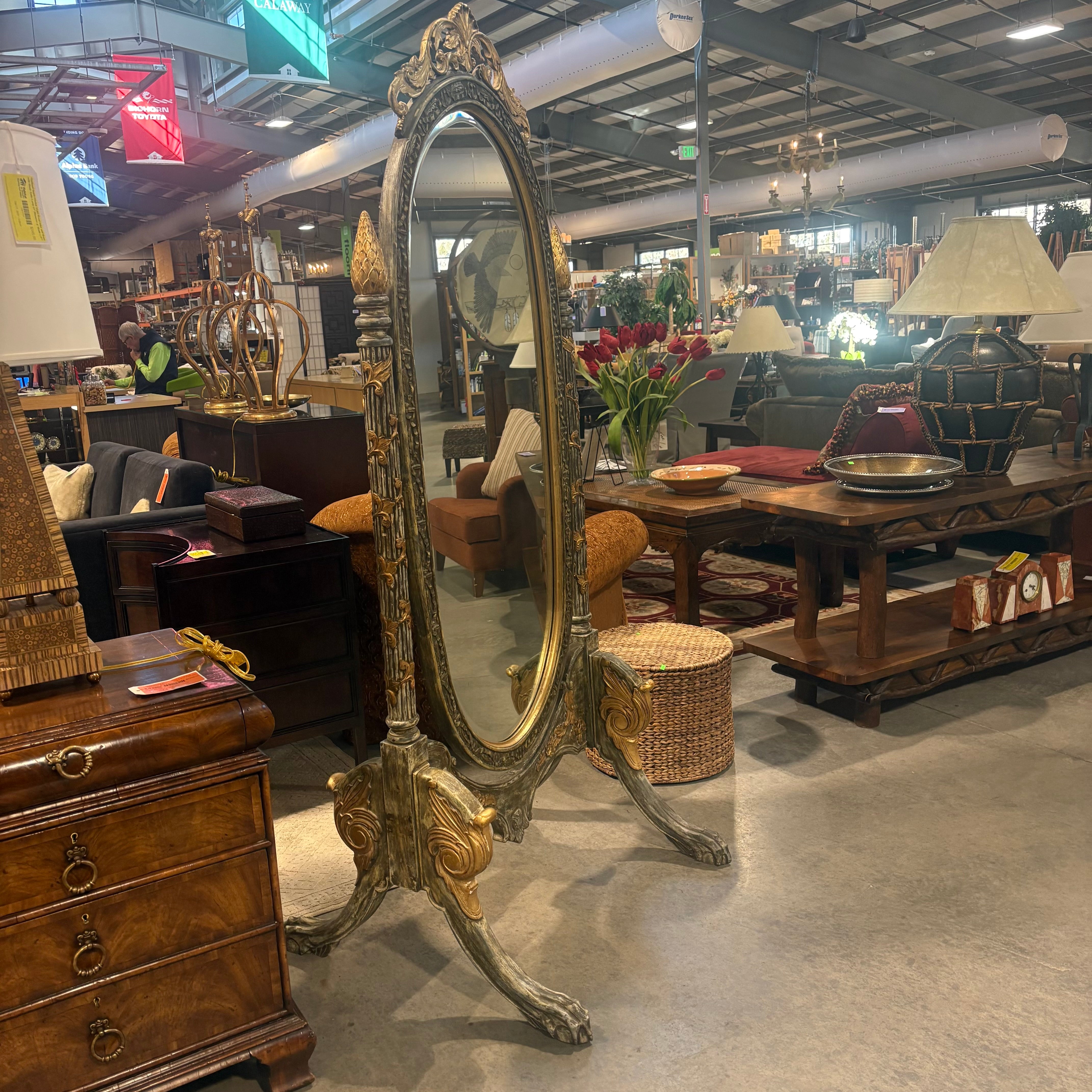 Antique French Style Ornate Silver and Gold Claw Foot Free Standing Mirror 32.5” x 77”