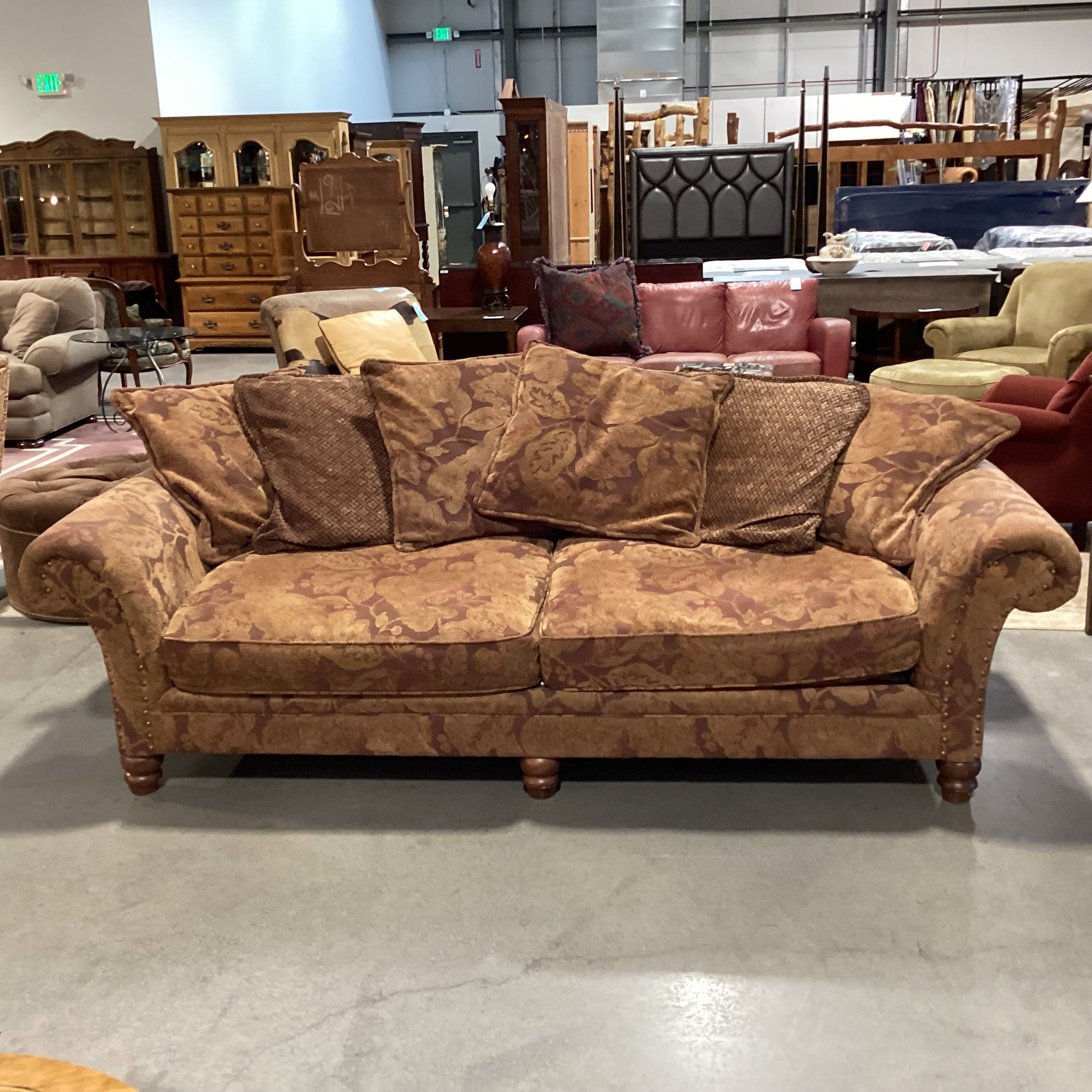 New Vintages by Bernhardt Brown & Gold Floral Roll Arm Nailhead Sofa 101"x 40"x 32"