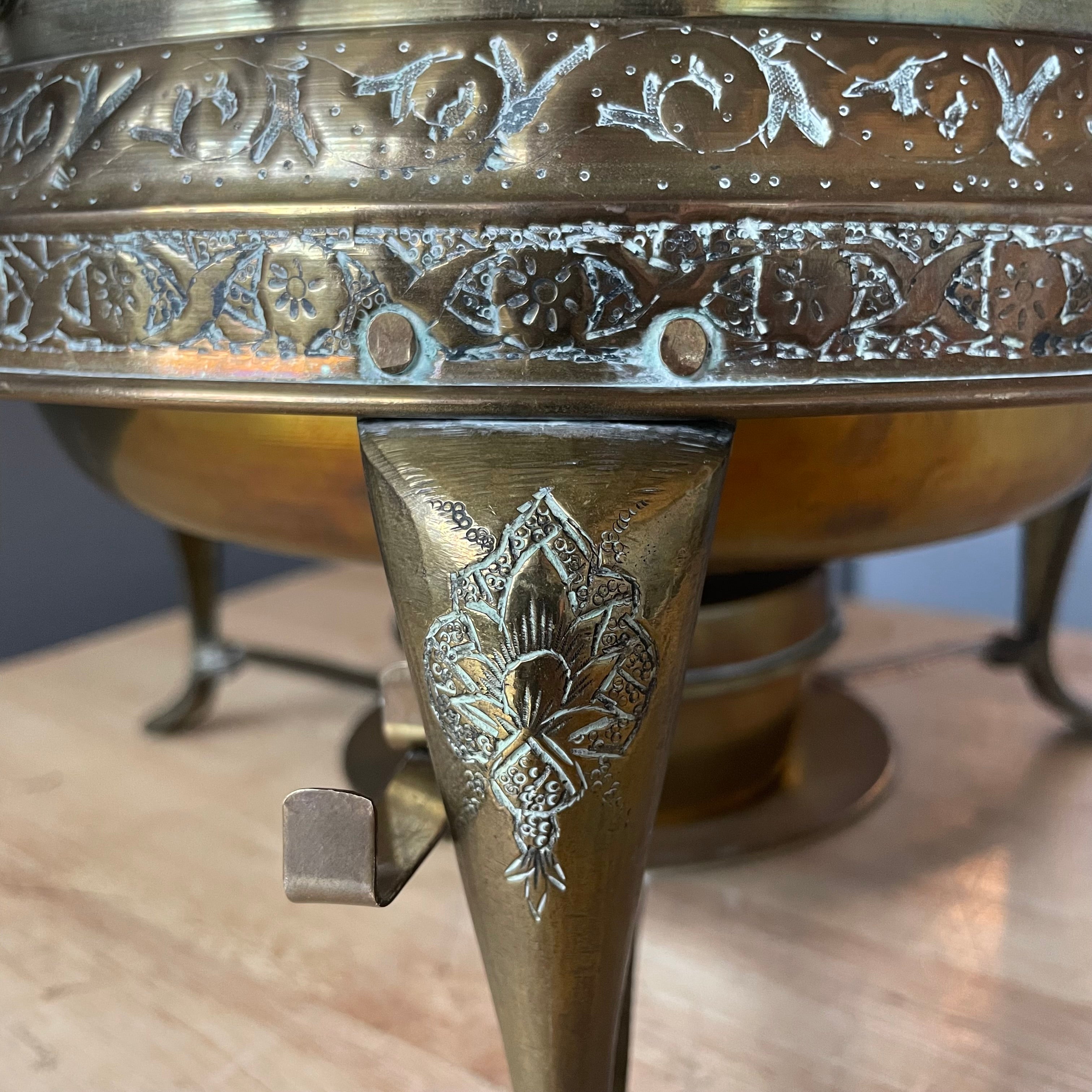 Vintage Persian 1950's Brass Embossed Camel Caravan Design Warming Dish, 15.5"x 9"