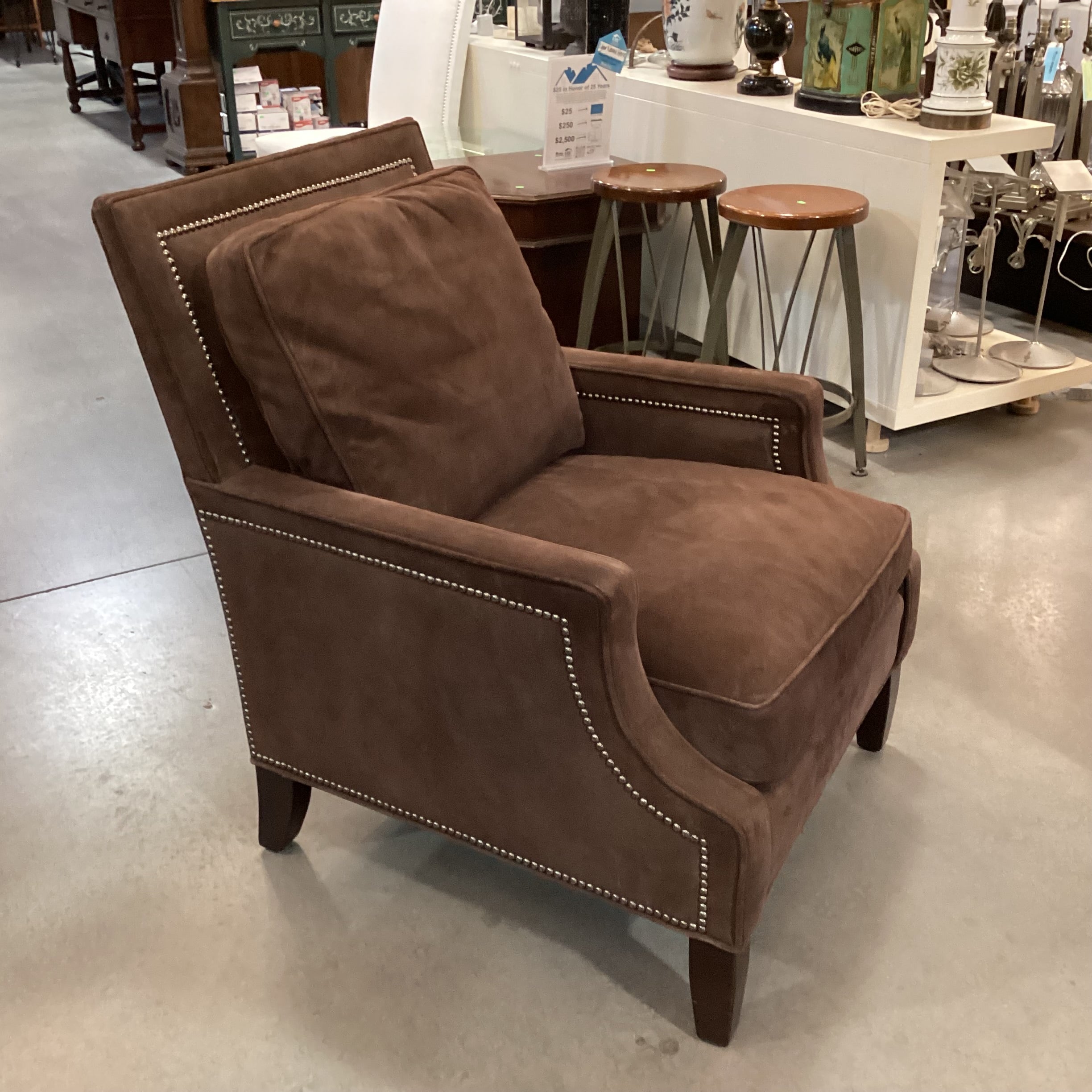 Wesley Hall Chocolate Suede Nailhead Chair 30"x 24"x 37"