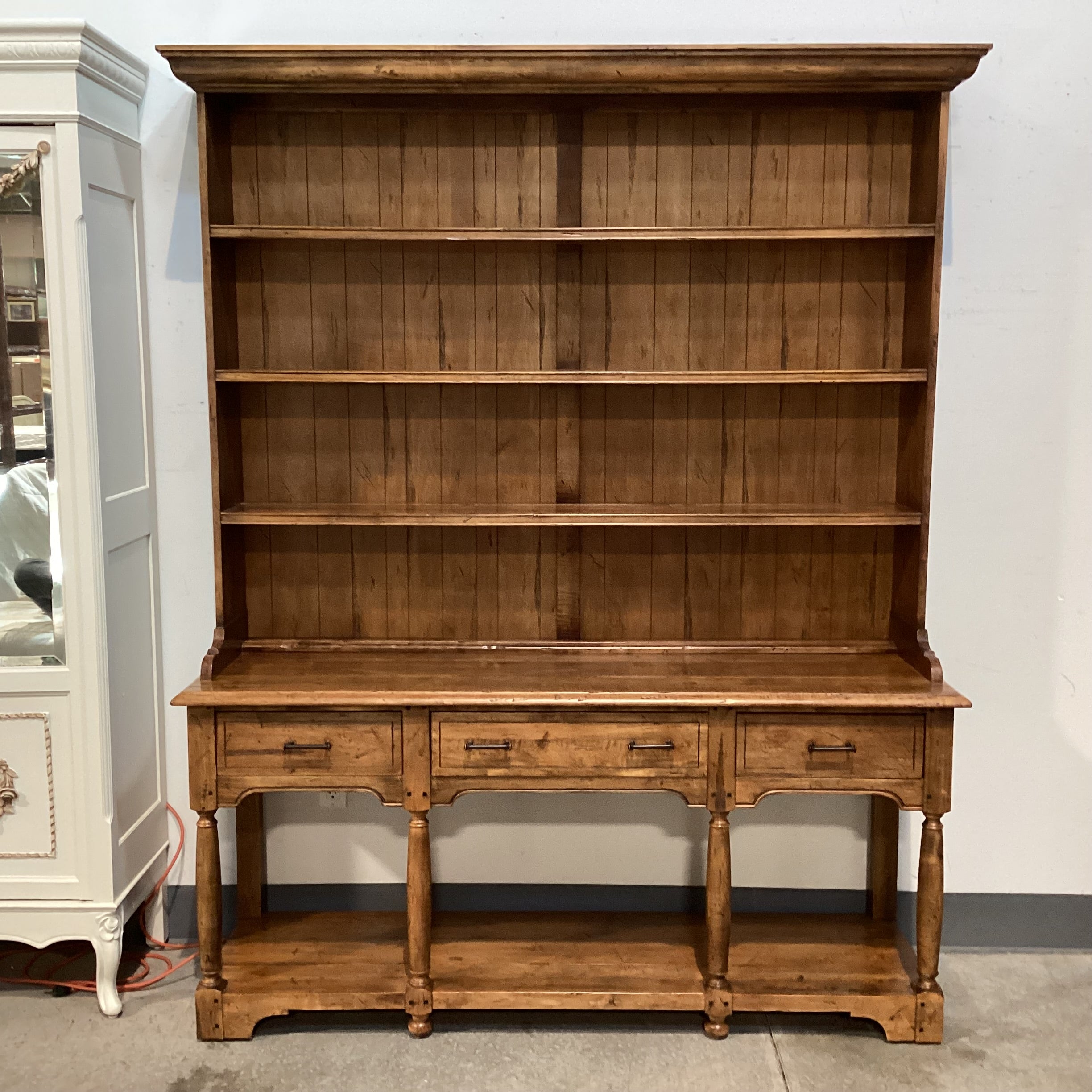 Ethan Allen Vintage Carved Distressed Wood 3 Drawers & Shelves 2 Piece China Hutch 65"x 19"x 82.5"