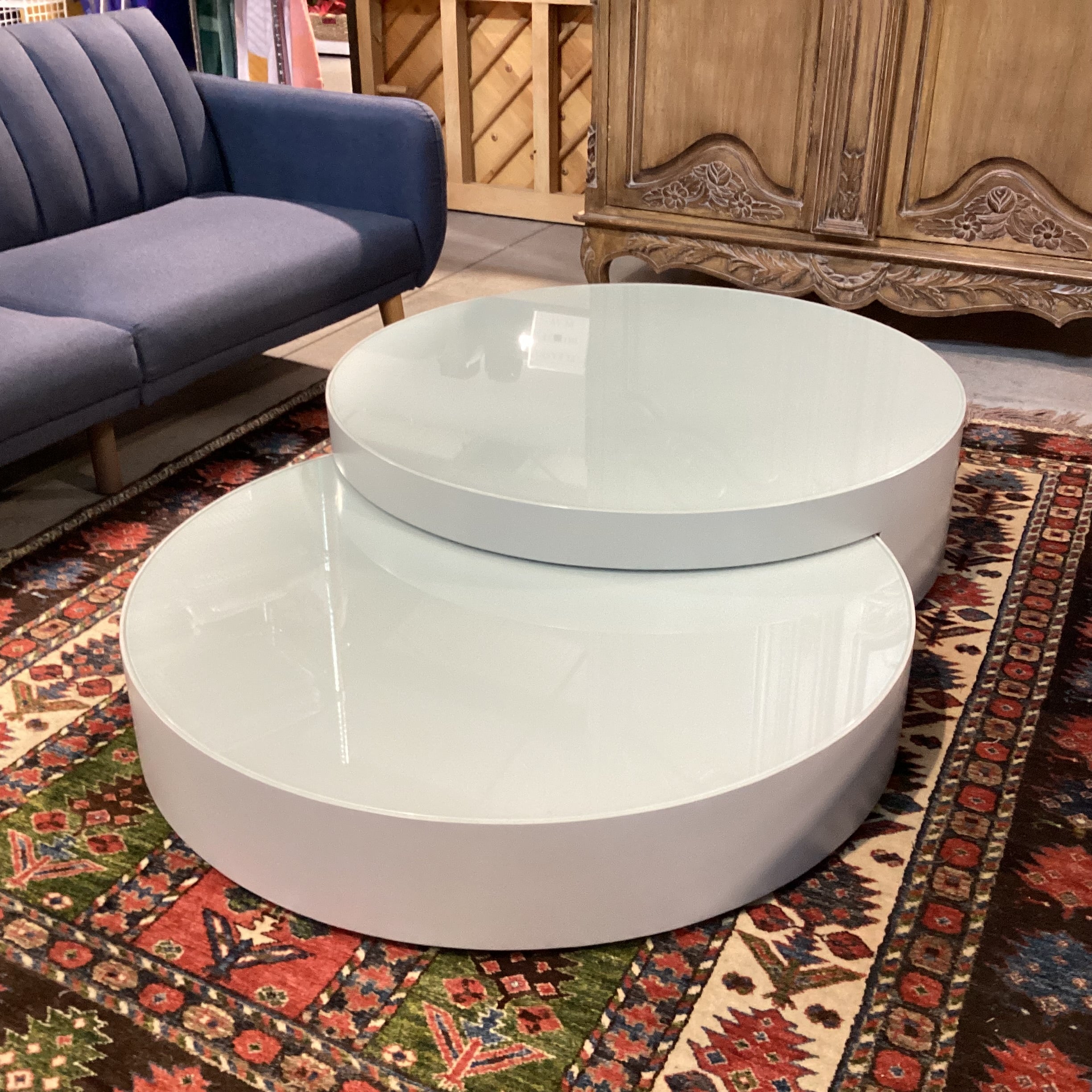Modern Grey Lacquer & Glass Top Double Nesting Circles Coffee Table 67"x 43.5"x 12"