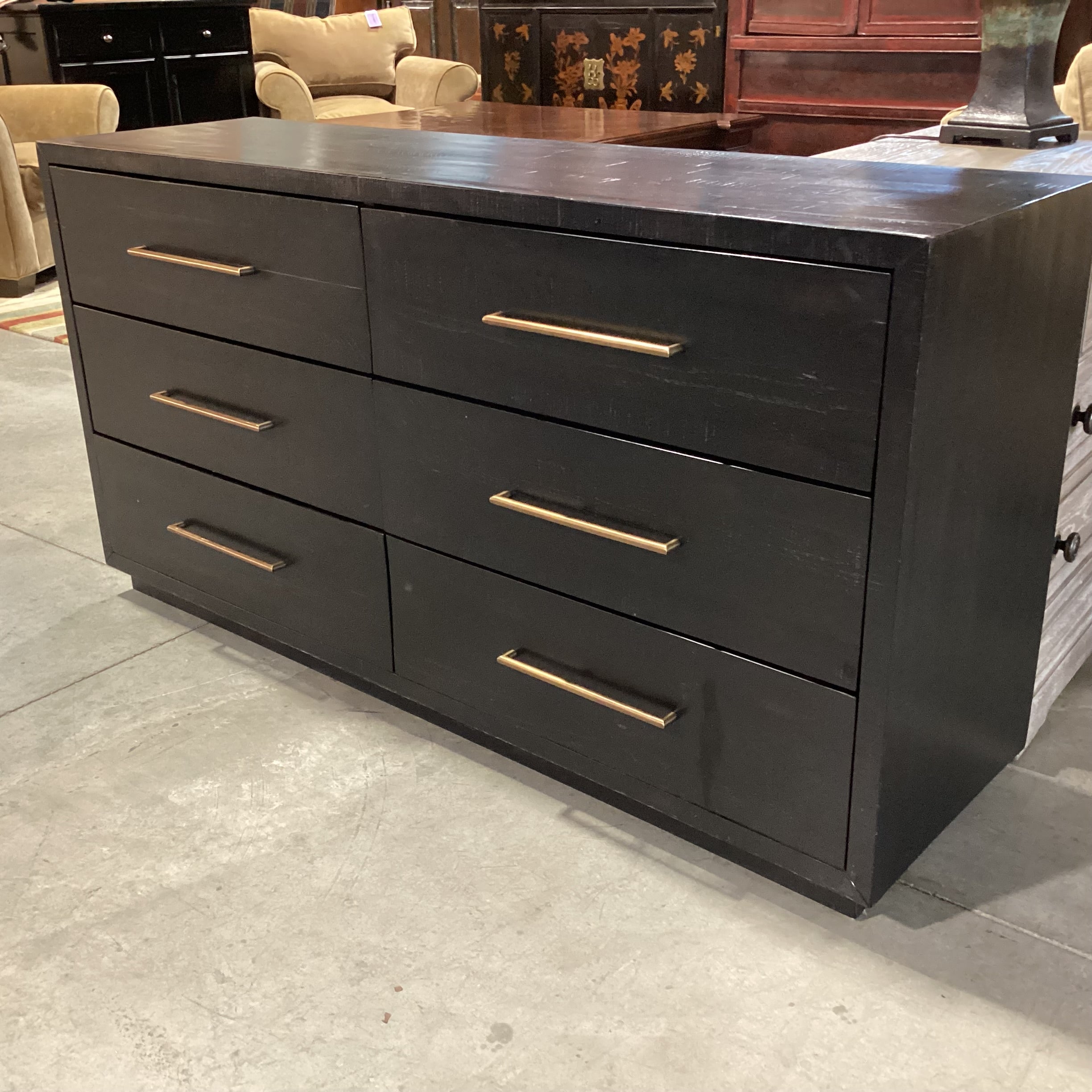 Four Hands Burnished Black Acacia Wood Antiqued Brass Rod Pulls 6 Drawer Suki Dresser 60"x 18"x 31.5"