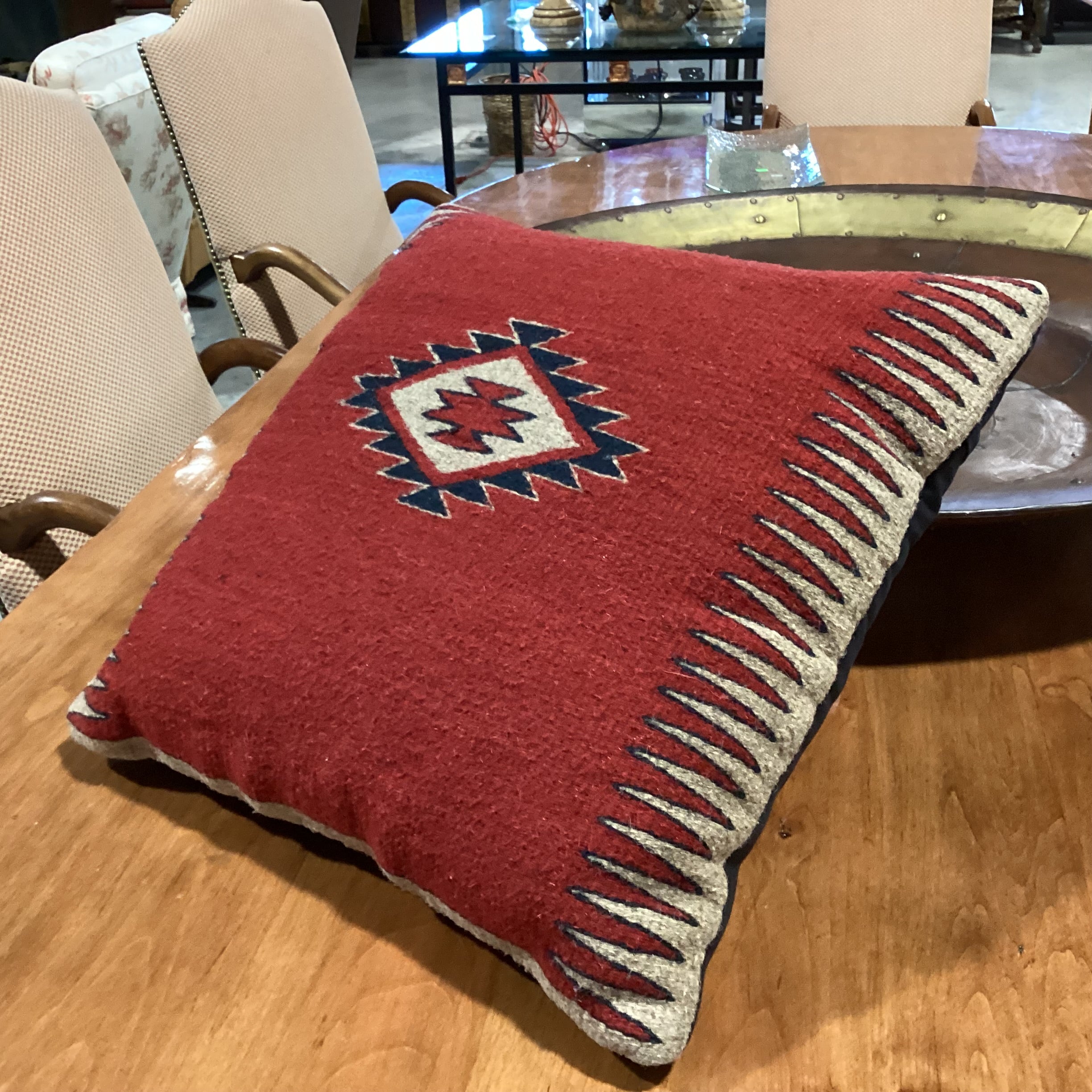 Native American Red Blue Tan Hand Woven Wool Accent Pillow 20"x 20"