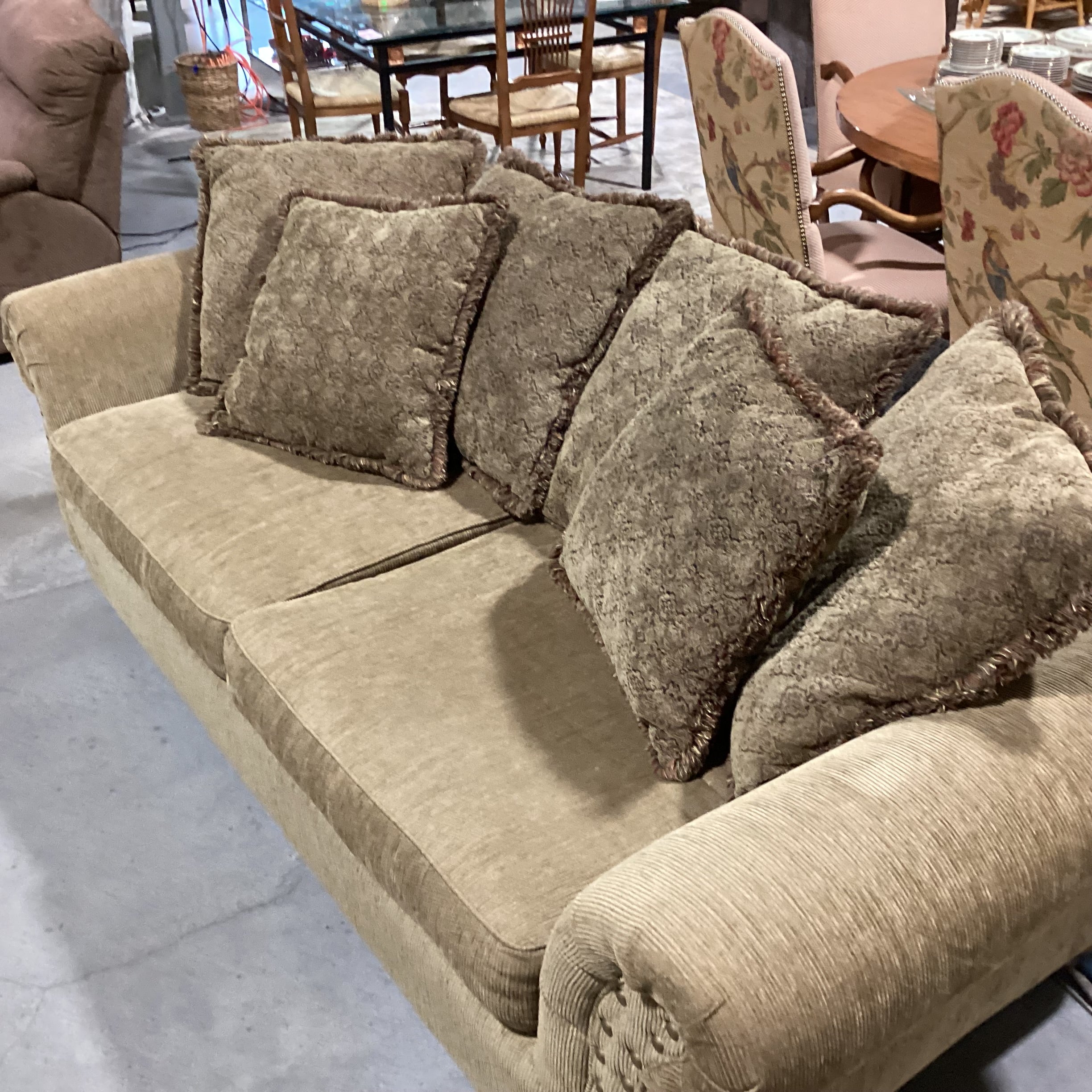 Olive Texture Ribbed & Nailhead with Reverse Multi Back Pillows Sofa 98"x 40"x 30"