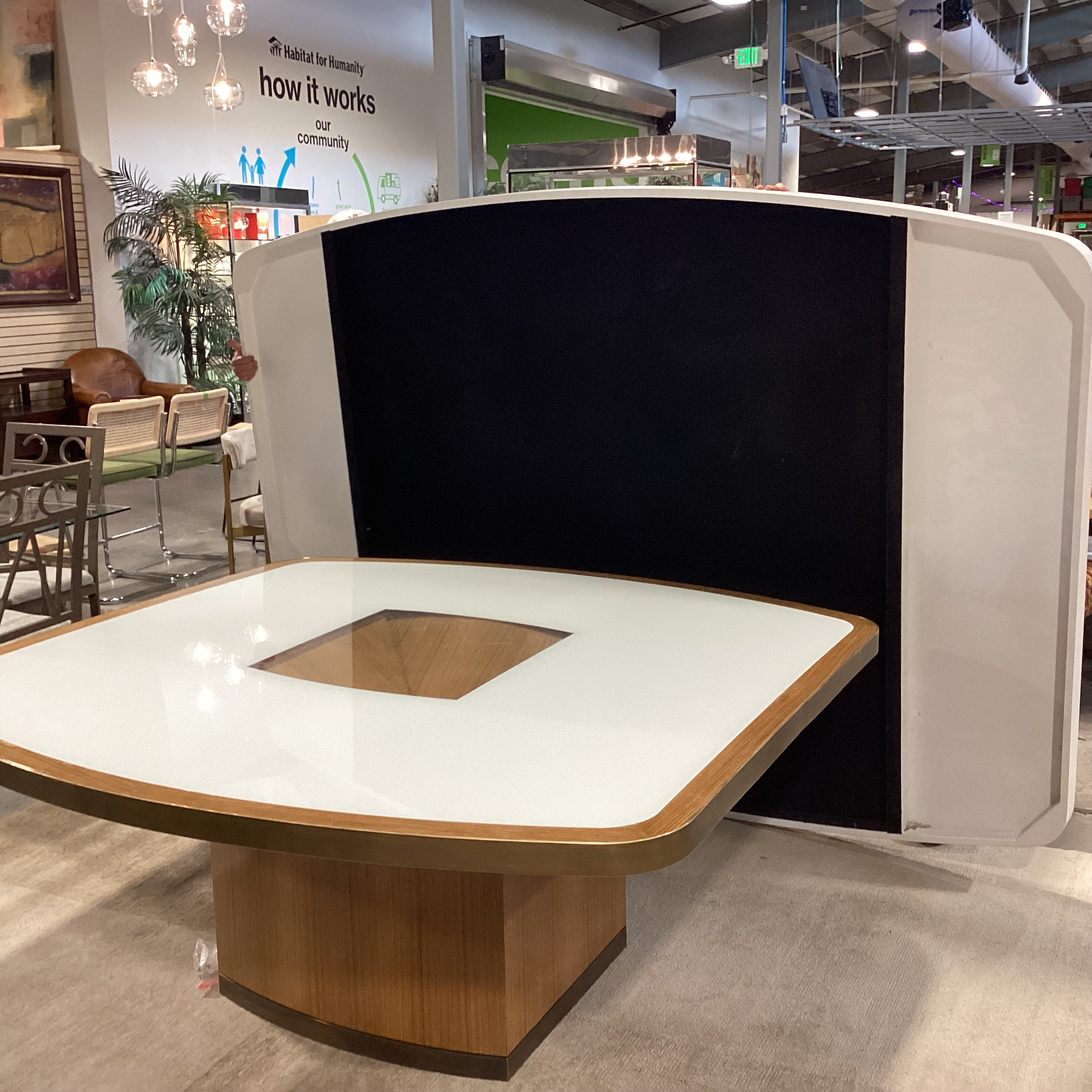 Custom Wood Veneer Brass White Lacquer & Glass Top Dining Table 66"x 66"x 29"