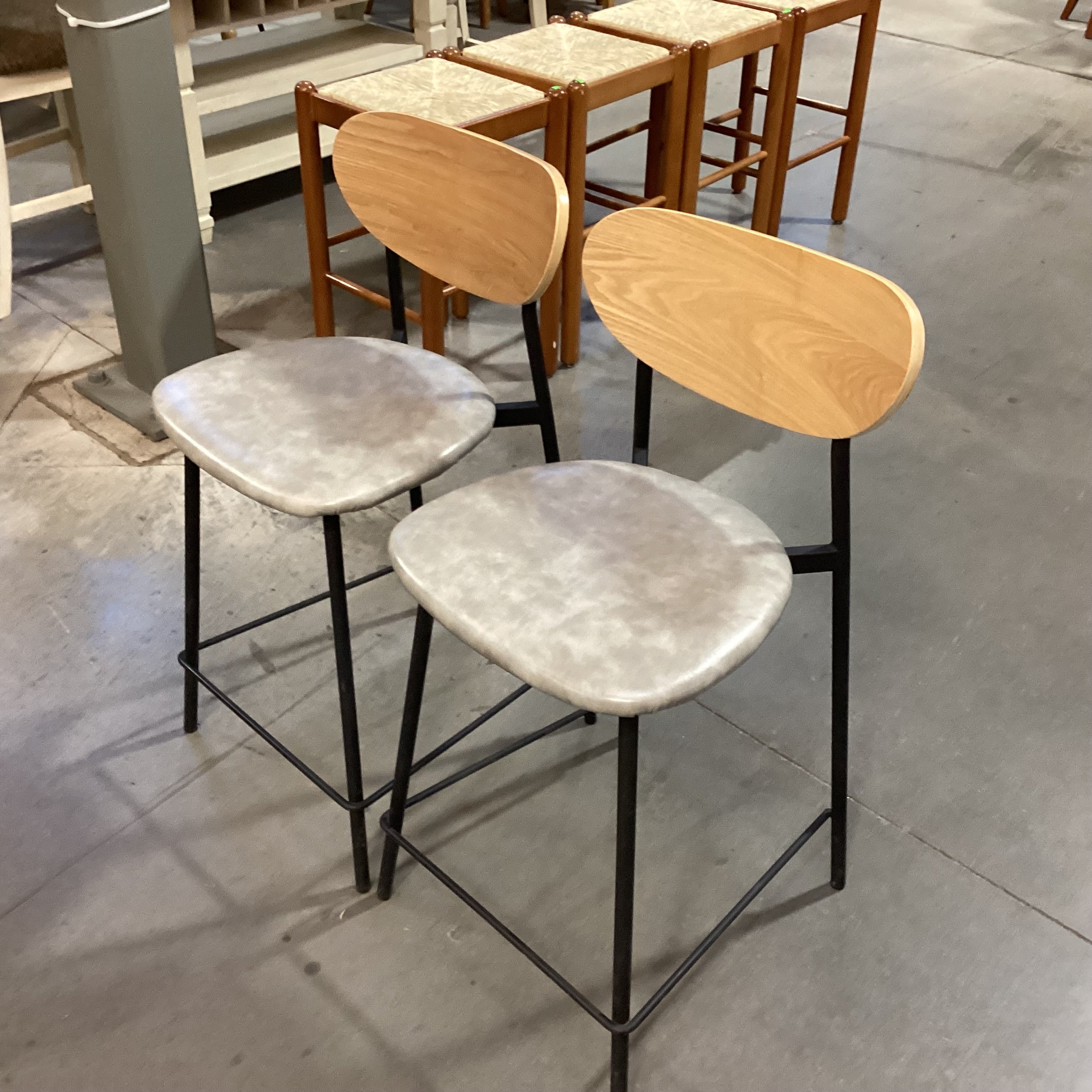 SET of 2 Light Wood Black Metal & Grey Faux Leather Barstools 24"